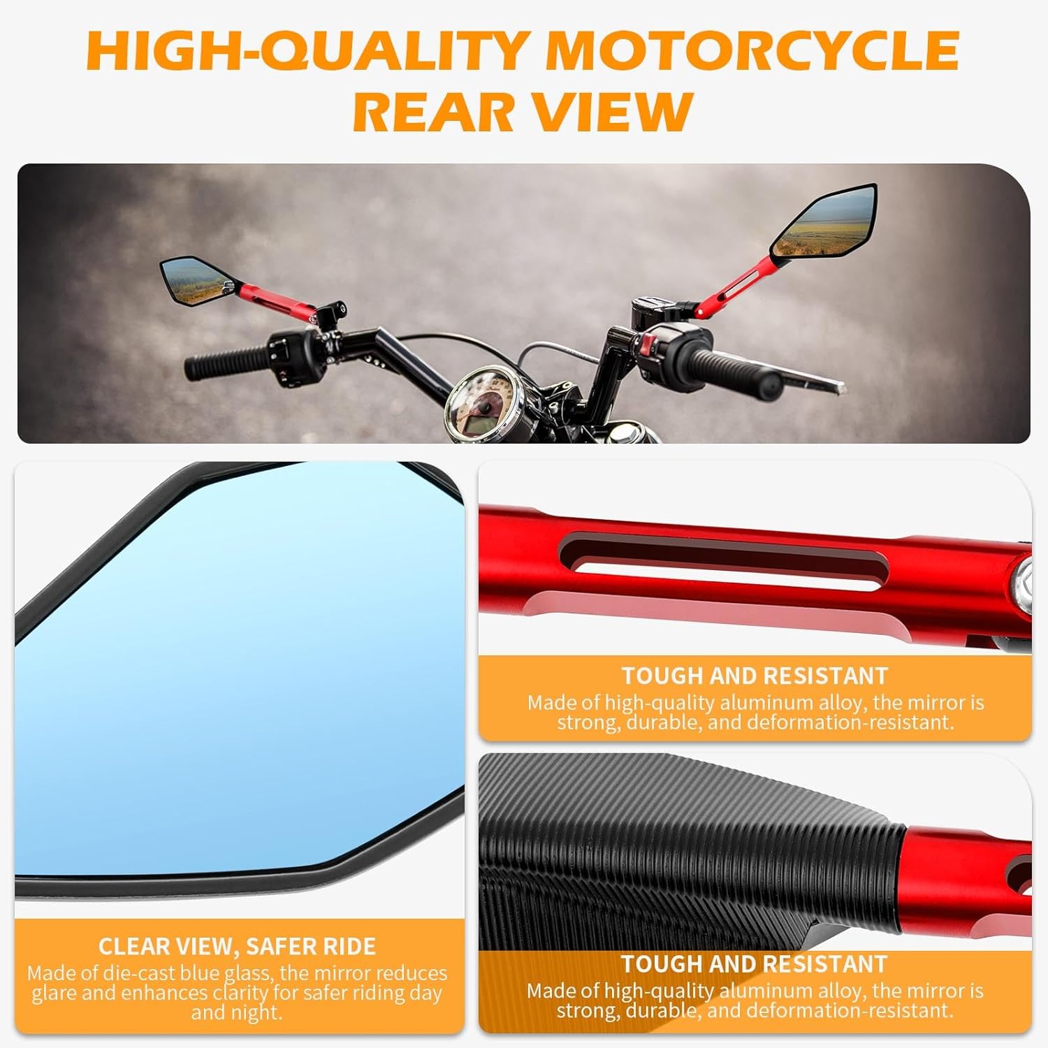 JMTBNO 8mm 10mm Motorcycle Rearview Mirror Handlebar For Yamaha XJ6 R1 R6 FZ6 F800 F650 MT03 MT07 MT09 Z750 Z1000 ER-6N TNT TRE Monster(Red)