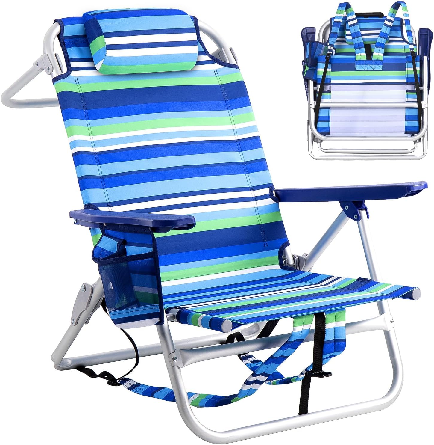 PRETZI Backpack Beach Chairs for Adults - Folding Heavy Duty Camping Chair with Storage Pouch, Cup Holder & Towel Rack, Adjustable Lounge Chair for Outdoor,Travel (1pack /Stripes_Blue&Green)