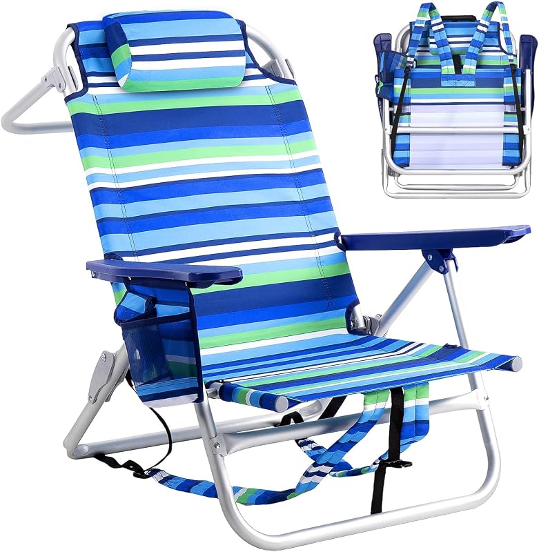 PRETZI Backpack Beach Chairs for Adults, Adjustable Beach Lounge Chairs | 300lbs Folding Heavy Duty Camping Chair with Storage Pouch, Cup Holder & Towel Rack, Outdoor for Travel, Green Blue(1 Pack)