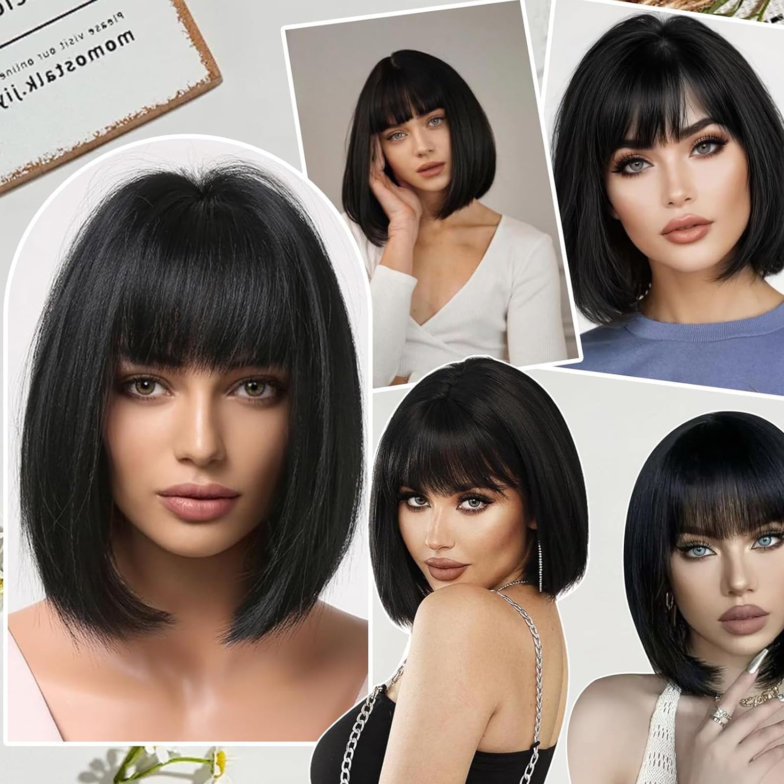 Black Wig for Women Black Bob Wig with Fringe Straight, Natural Looking, Natural Synthetic Fiber Wig - Image 4