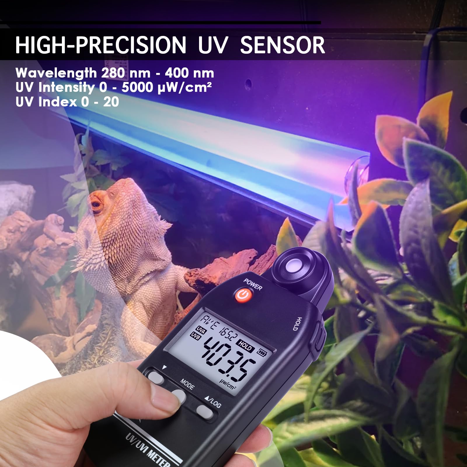 Misuratore UV digitale UVB, 280-400 nm Indice Meter UV con UV e UVI commutabile, campo di misurazione 0-5000 μW/cm² Rilevatore UV con 100 gruppi di dati Record, Indice Meter UV per rettili, ecc.