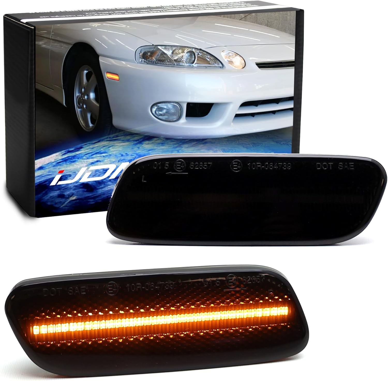 iJDMTOY Semi-Clear Lens 30-SMD Xenon White Full LED Strip Front Bumper Side Marker Light Kit Compatible With Lexus 1992-2000 SC300 SC400, Replace OEM Amber Front Sidemarkers