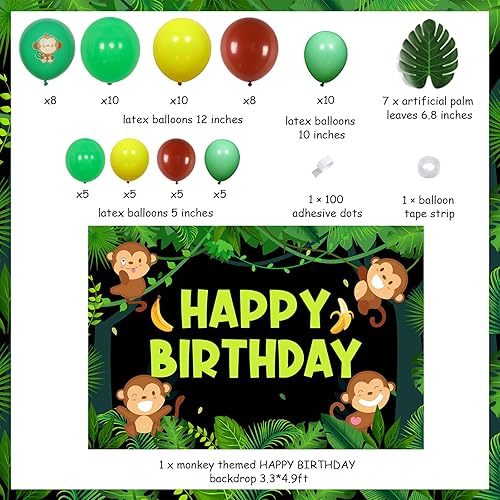 Miniatura 5 de Decoraciones de fiesta de cumpleaños de mono, kit de arco de guirnalda de globos de safari de selva con fondo de feliz cumpleaños, globos de papel