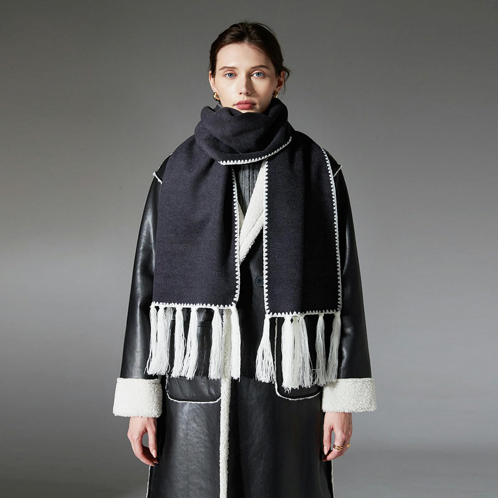 Sciarpa Donna Elegante Sciarpa A Doppia Faccia Grigio Scuro per Donne - Scialle Invernale Autunnale, Morbido E Caldo, Regalo di Natale Idear-Grigio Scuro-30 * 190 Cm
