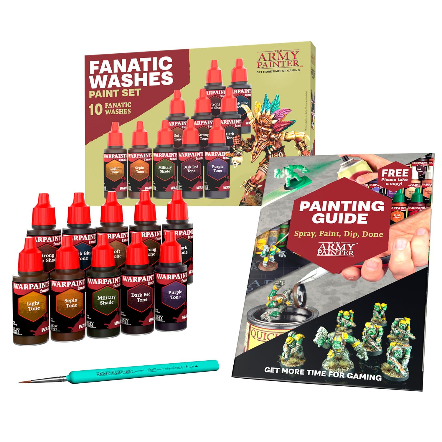 The Army Painter Warpaints Fanatic: Washes Set Combo, Set di 10 Vernici Acriliche in Bottiglie con Contagocce da 18ml per Lavare e Ombreggiare Modelli in Miniatura, Più 1 Pennello per Base Gratuito