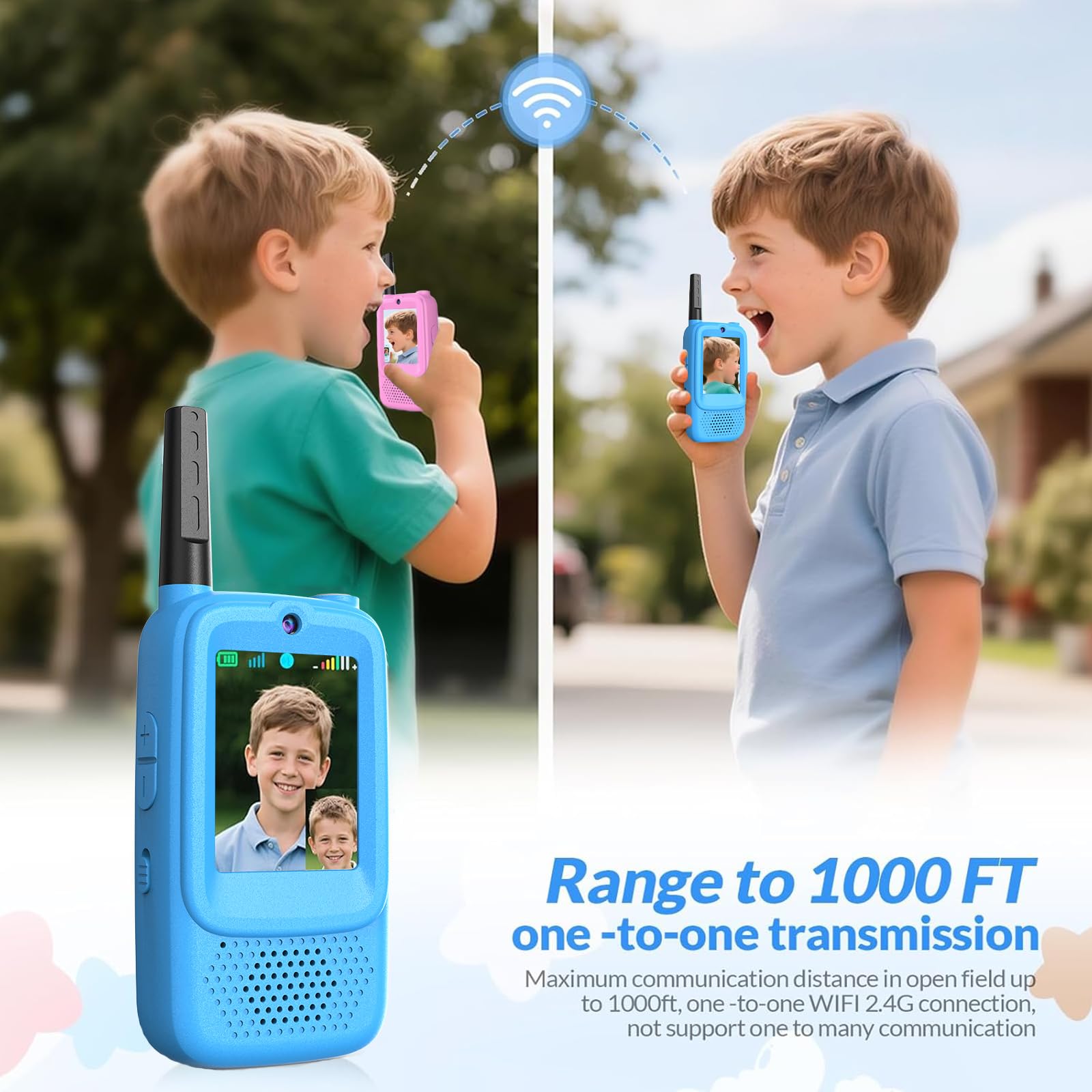 Talkies-Walkies Vidéo pour Enfants, Lot de 2, Rechargeables, à Double Caméra, Appairage Un à Un, Portée de 500m, Cadeaux Parfaits pour garçons et Filles de 3 à 12 Ans (Bleu/Rose)