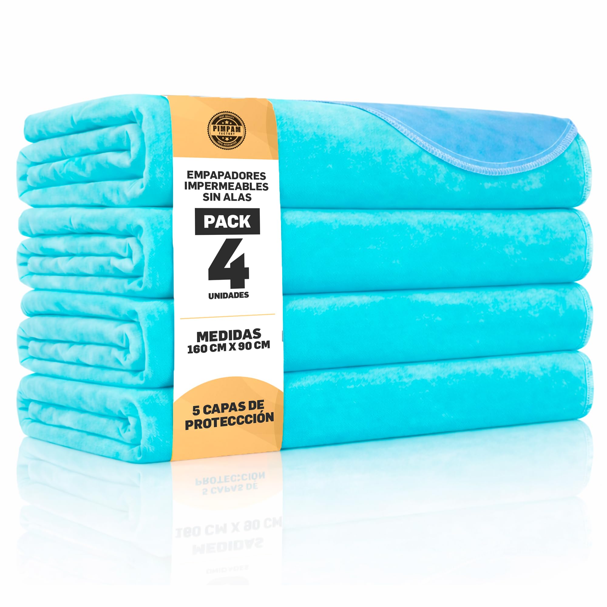 PimPam Factory Empapadores Cama Adultos Lavables de 5 Capas - Empapador Reutilizable Impermeable - Protector Cama Súper Absorbente 160 x 90 (Pack 4), Sin Alas
