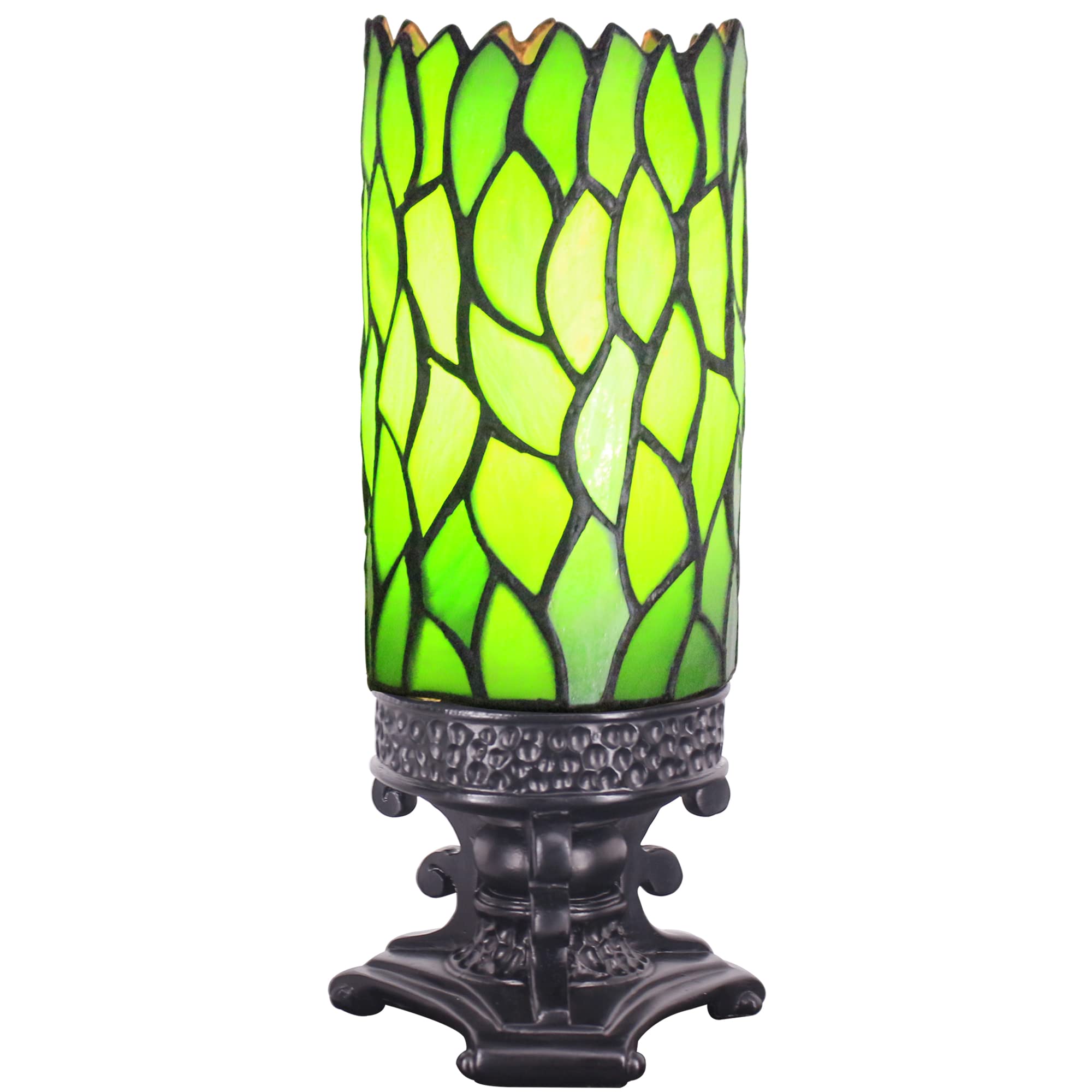 SYETL Small Tiffany Table Lamp Mini Stained Glass Desk Lamp Tiffany Style Sympathy Memory Table Lamp with Cylindrical Shade 4X10Inch (Green Wisteria Leaf Style)
