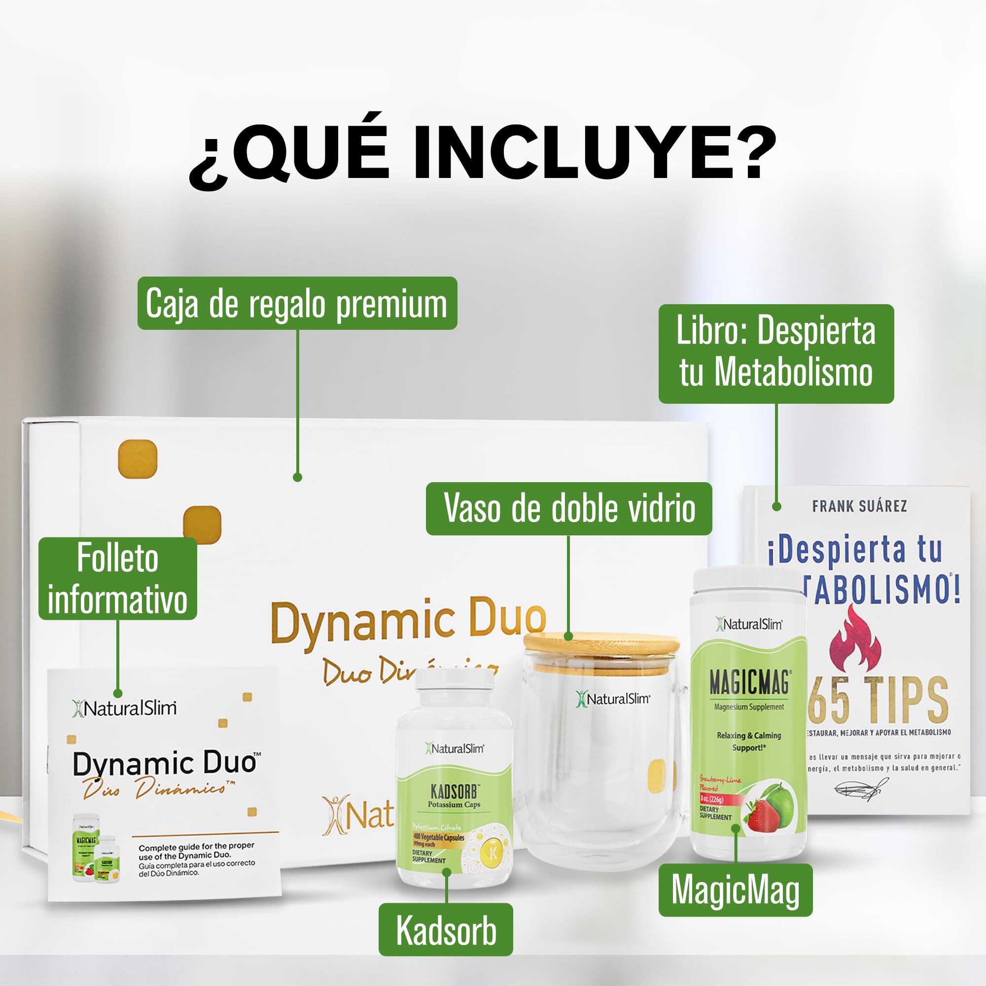 NaturalSlim Dynamic Duo, Set de regalo, MagicMag magnesio en polvo, Kadsorb citrato de potasio, taza de cristal, Libro Despierta tu Metabolismo, Set de bienestar educativo inspirado por Frank Suarez