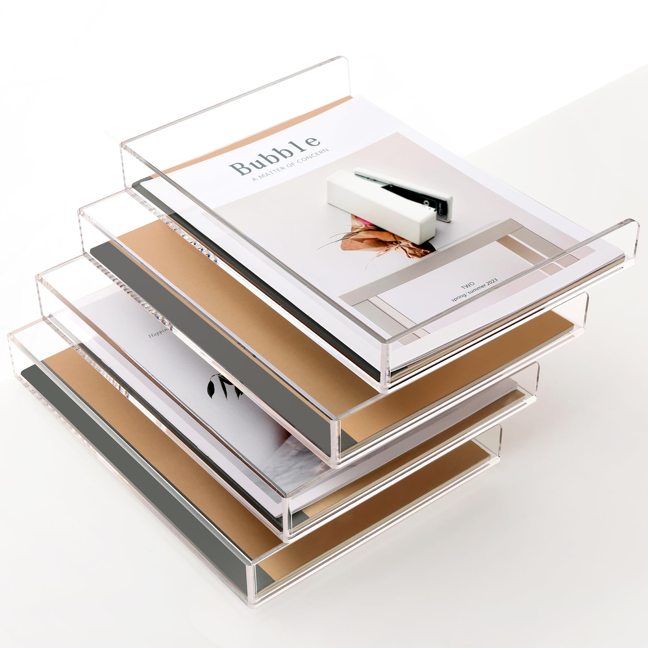 SANRUI Vassoi trasparenti da scrivania a 4 ripiani, vassoio portadocumenti impilabile A4, organizer da scrivania e accessori in acrilico, organizer per ufficio e spazio di lavoro, 31,5 x 22,5 x 8,8 cm