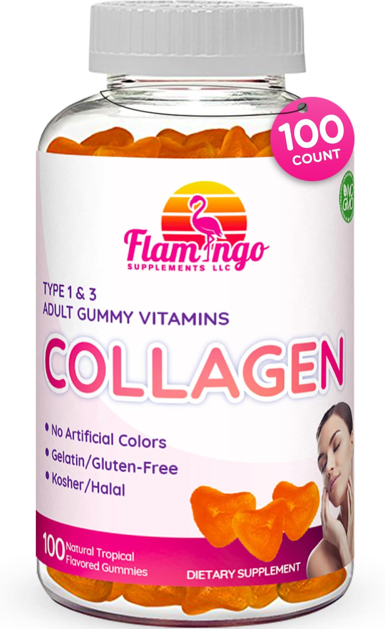 Flamingo Supplements - Hydrolyzed Collagen Gummies Type I & III | Kosher & Halal, No Gelatin, Non GMO | Strengthen Hair, Skin, Nails & Joint Care | Tropical Flavor | 100 Count