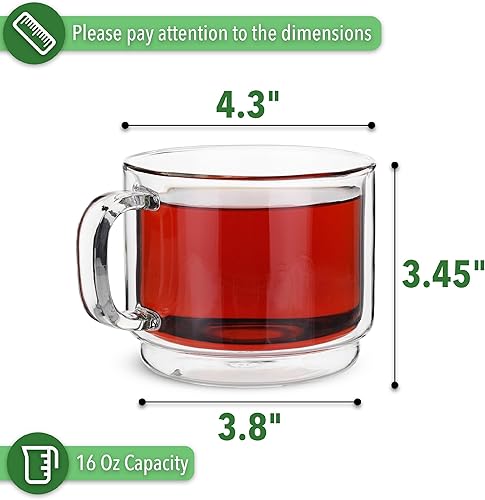 Miniatura 3 de BTT- Taza de café aislada apilable, grande, juego de 4 (16 onzas, 16.9 fl oz), tazas de café de vidrio de doble pared, tazas de té, taza de latte,