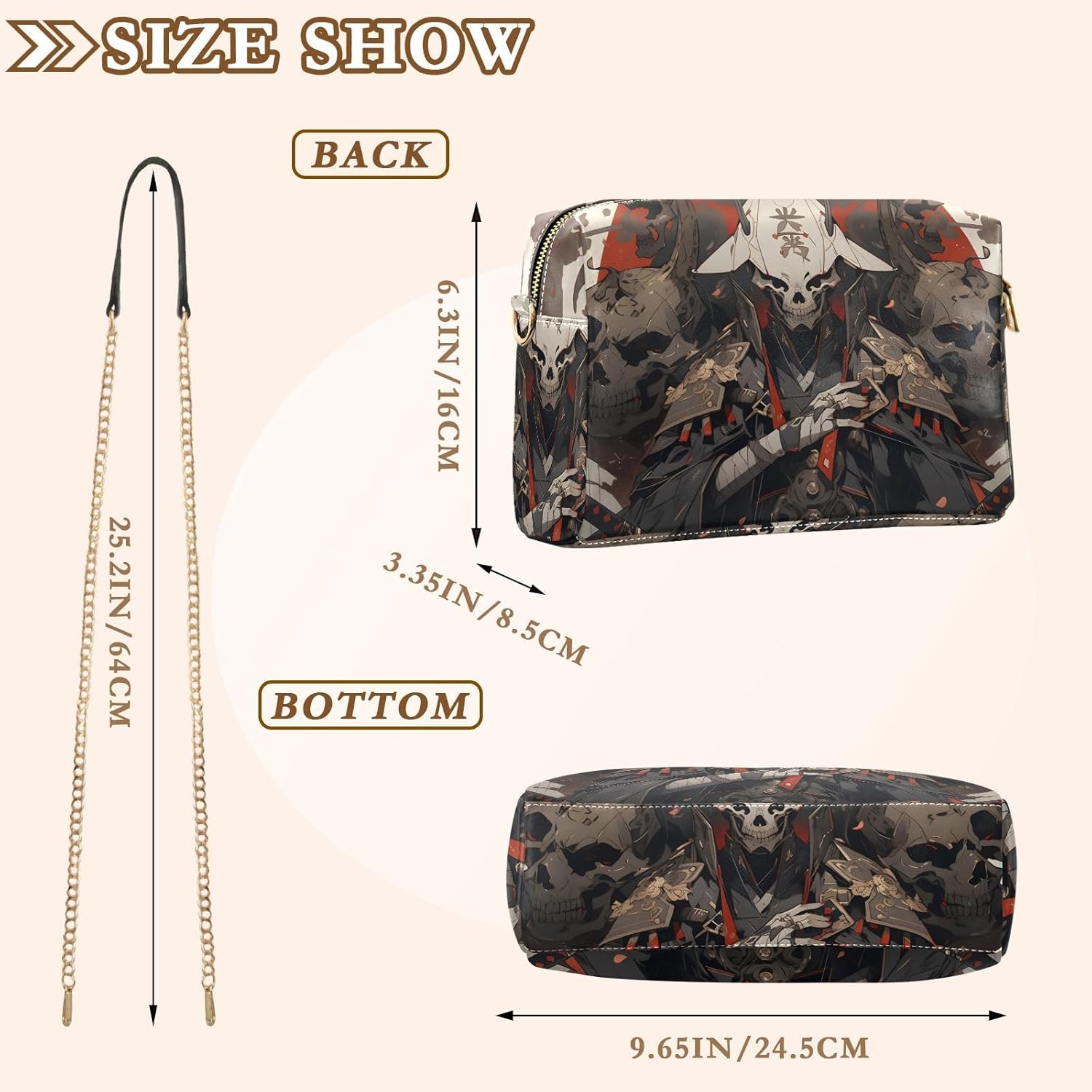 White Skull Samurai Women's PU Leather Crossbody Bag Shoulder Handbag Cellphone Purse with Metal Chain Strap Water Resistant Zipper Closure