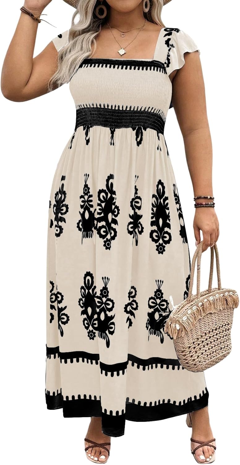 SHENHE Women's Plus Size Square Neck Tie Back Smocked Flutter Sleeve Flowy Maxi Boho Dress