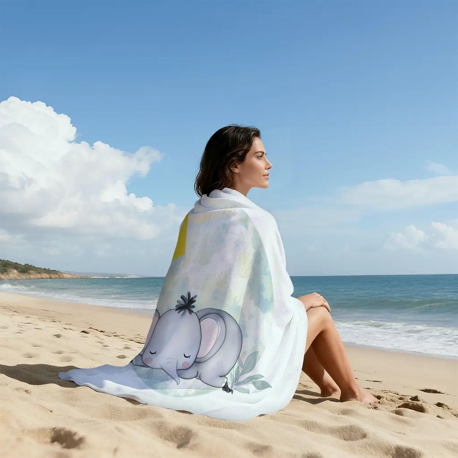 Serviettes de Plage 180 x 100 CM Serviette Bain Microfibre Mer Bébé Éléphant, Couronne, Aquarelle Artistique Drap de Plage Nordique, Onirique, Aquarelle, Doux,pour Bord de mer,Voyages,Sauna,Piscine