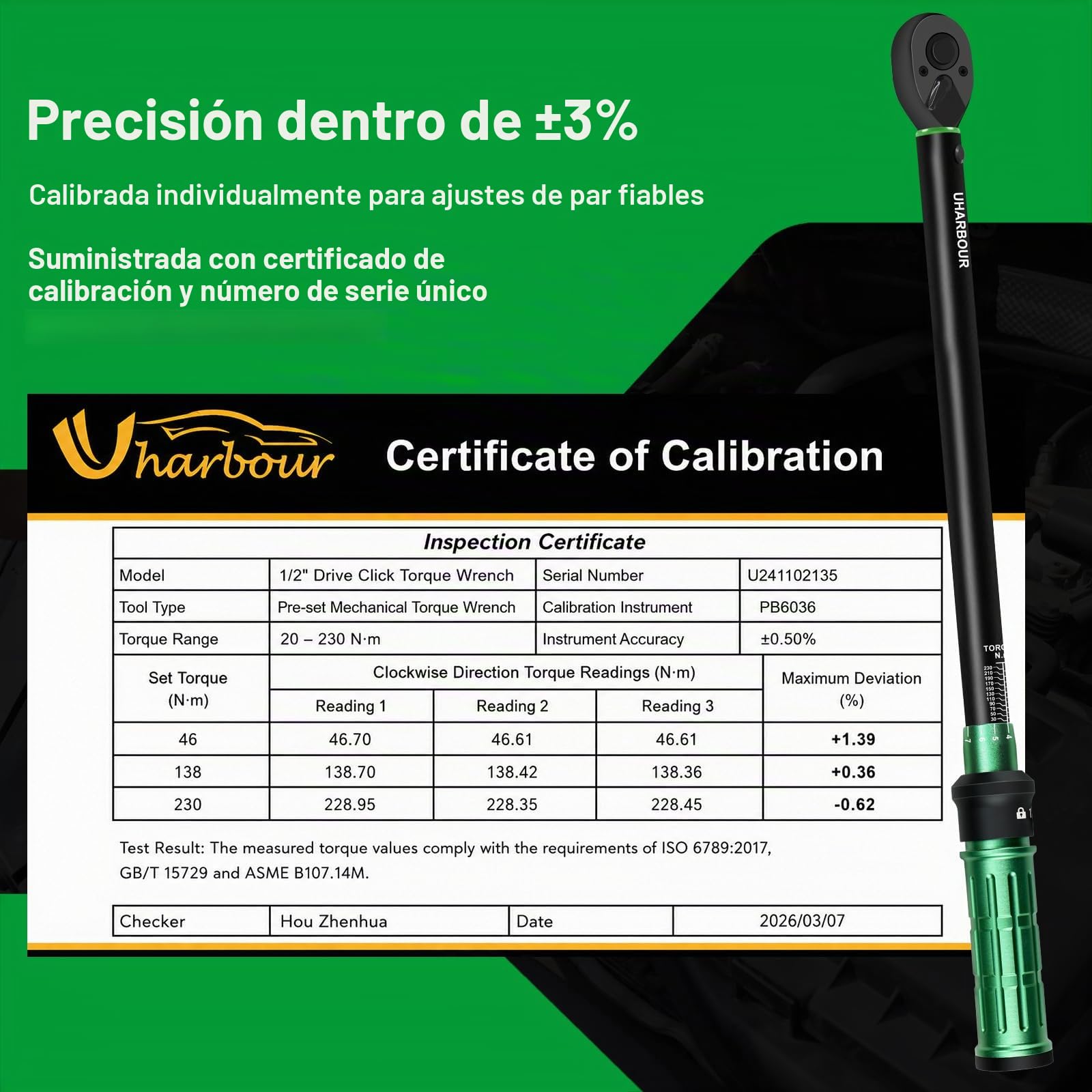 Uharbour Juego de Llaves Dinamométricas 1/2" 20-230 Nm para Coche – Incluye Tres Enchufes para Tuercas de Lengüeta
