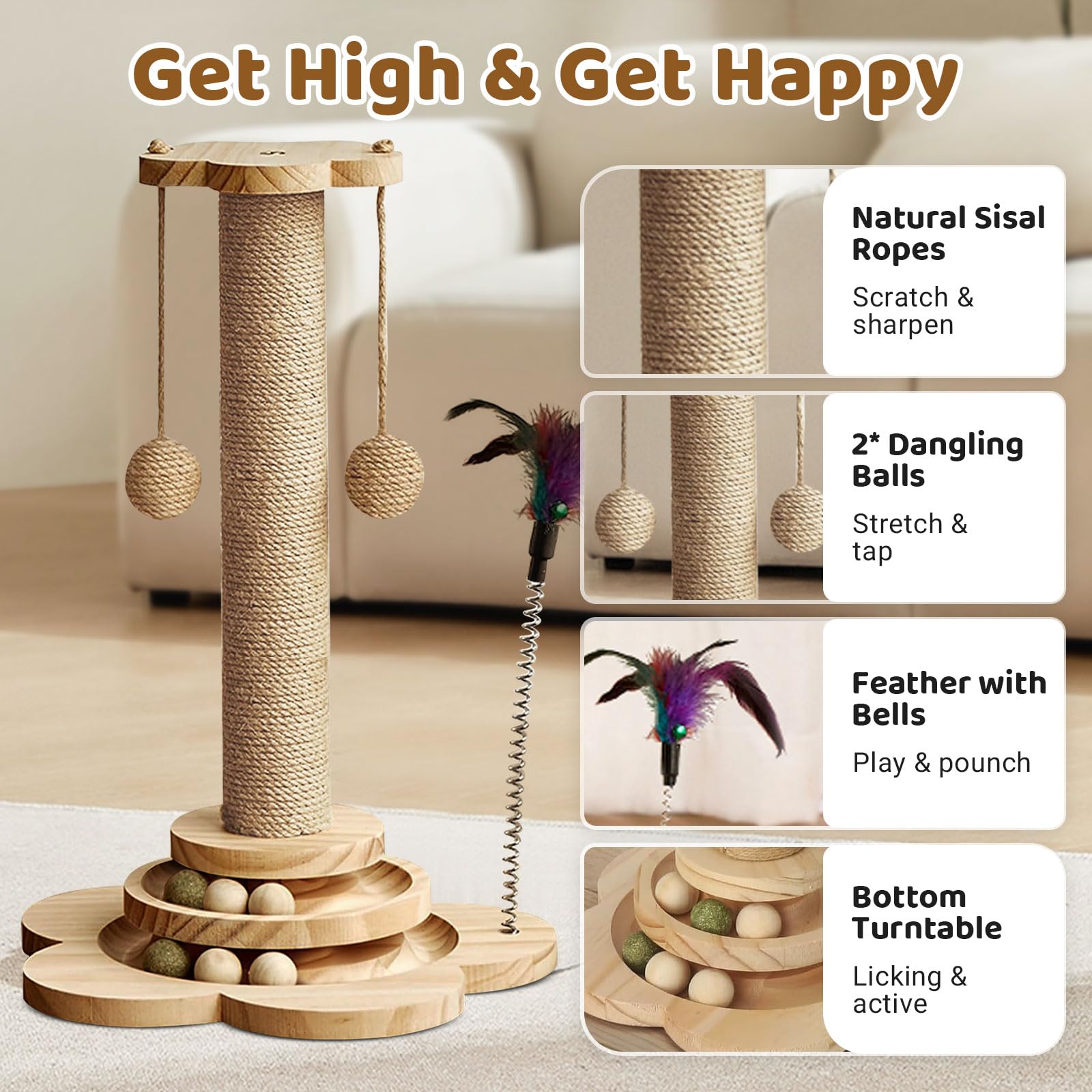 Cat Scratching Post with Natural Sisal, Sturdy Cat Scratcher for Indoor Smaller Cats Kitten Toy with Scratching Posts - Image 2