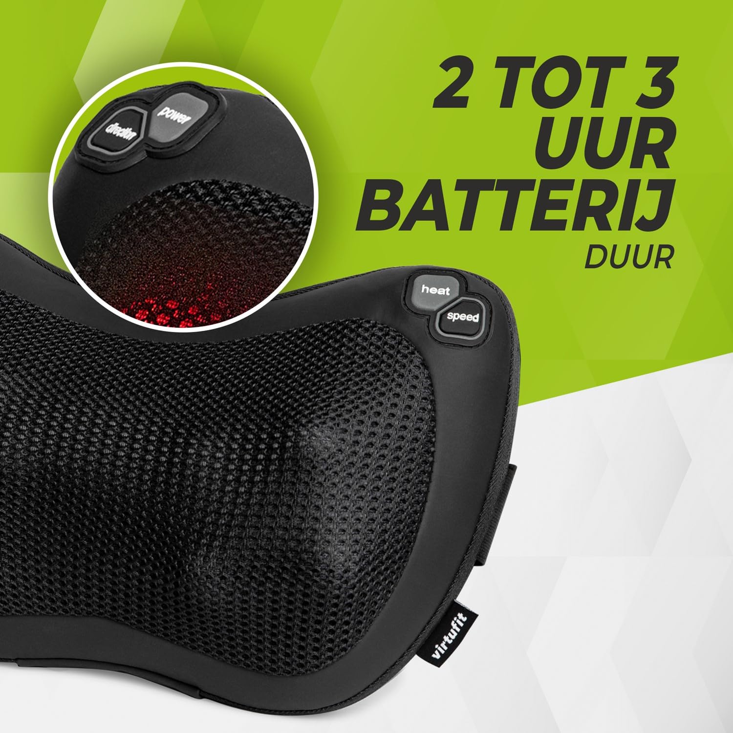 VirtuFit Cuscino massaggiante wireless Pro, cuscino massaggiante e termico senza fili per schiena, collo e spalle, massaggio intenso Shiatsu, funzionamento a batteria, relax a casa