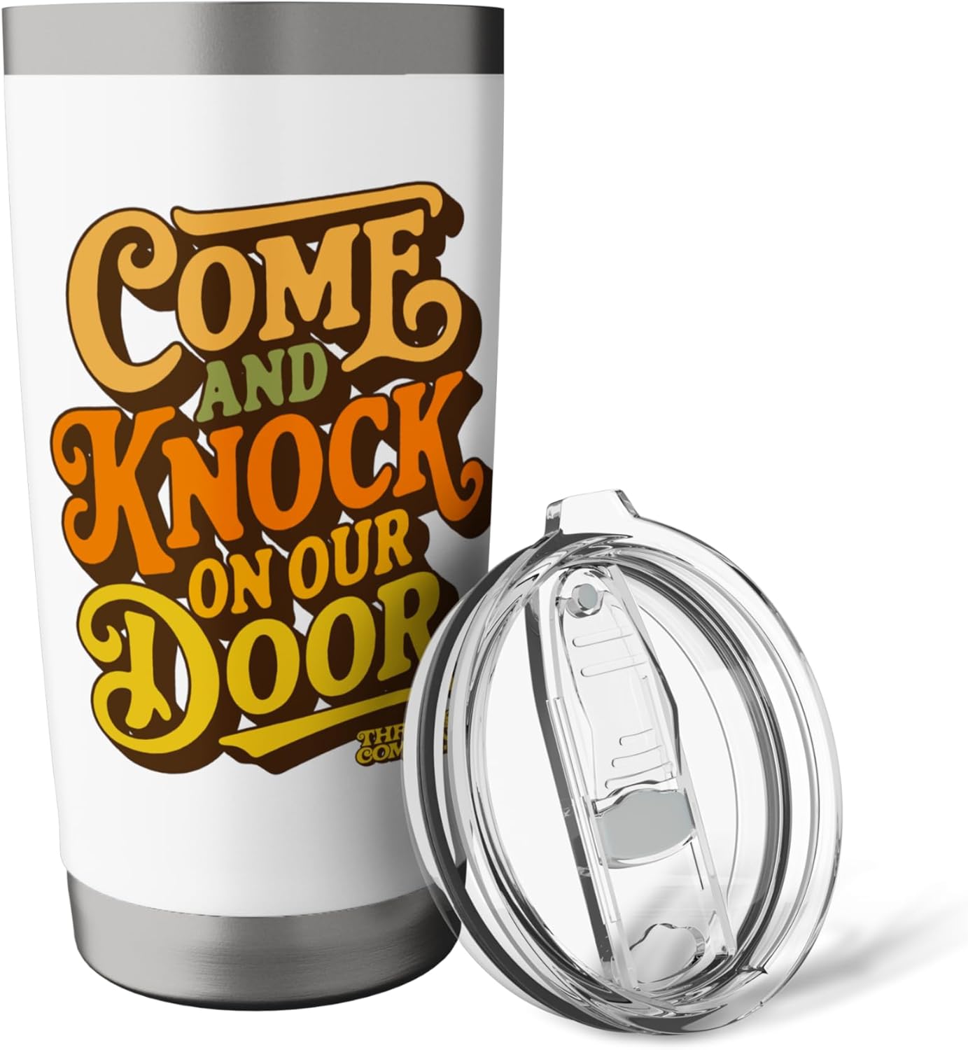 Come & Knock On Our Door Three's Company 70s-80s Typography Stainless Steel Insulated Tumbler