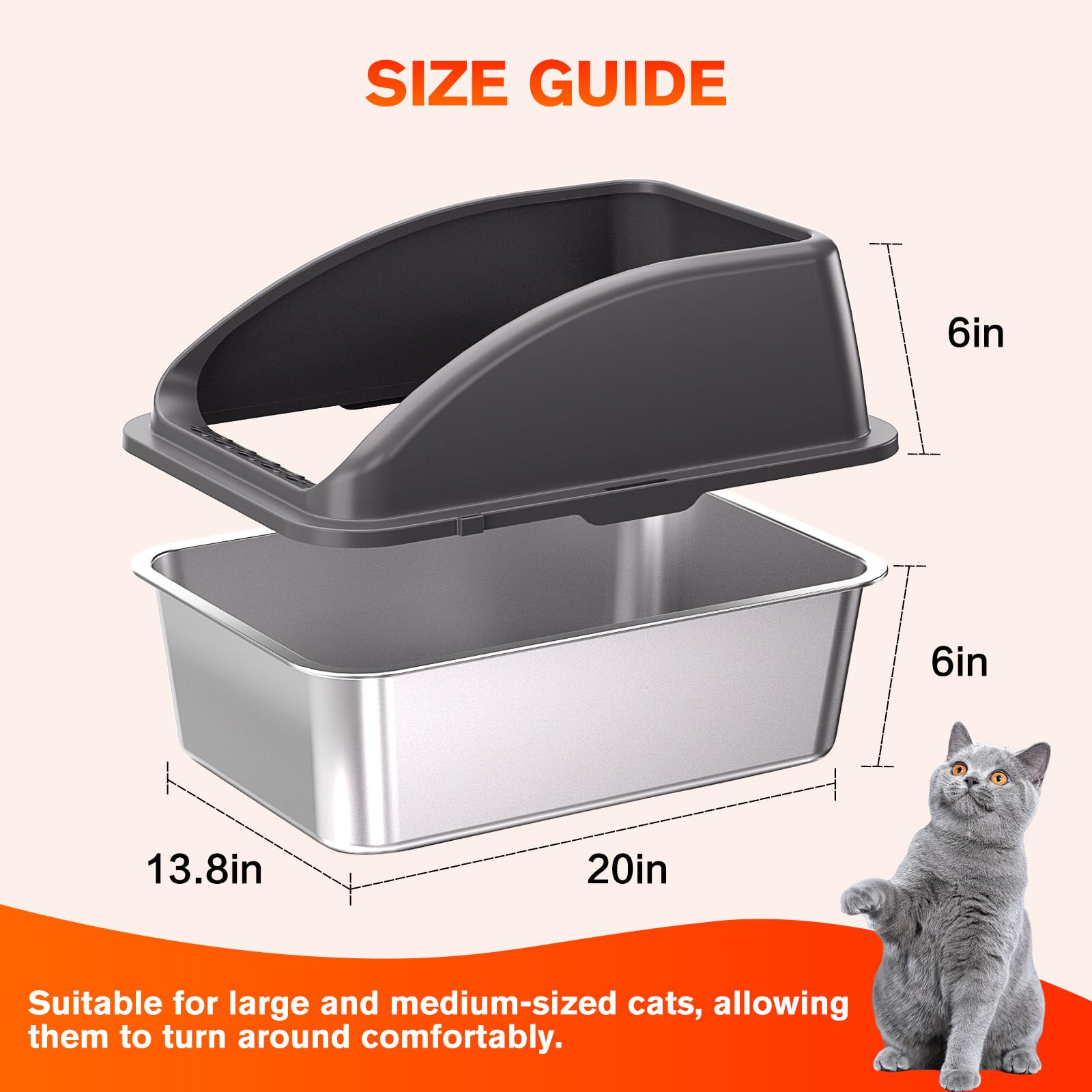 KITCATY Lettiera per gatti in acciaio inox, 50,8 cm di lunghezza x 35,1 cm di larghezza x 35,1 cm di altezza, con coperchio, non assorbe gli odori, a prova di perdite, antiaderente, facile da pulire