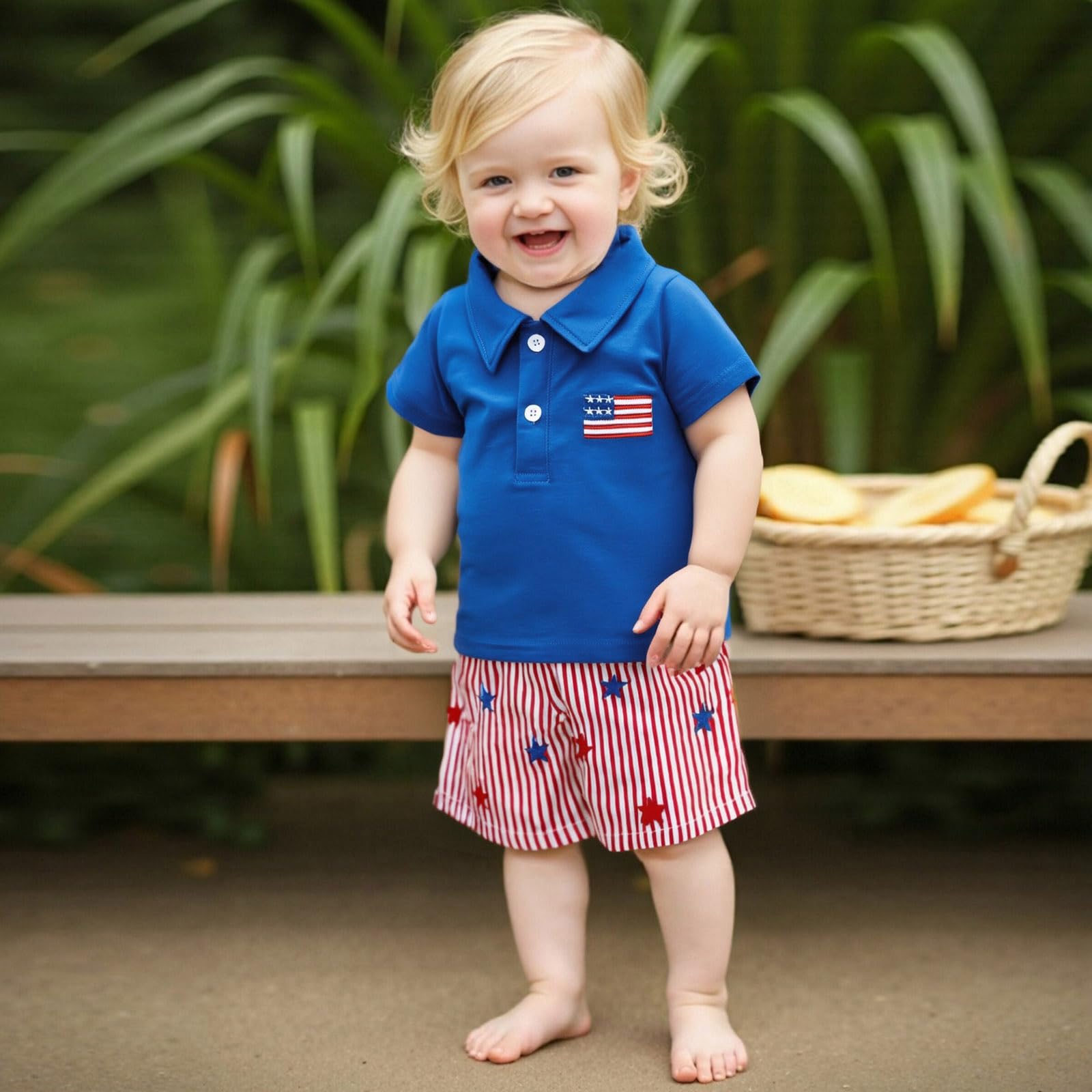 Toddler Baby Boy 4th Of July Outfit American Flag Embroidery Polo T Shirt Striped Stars Shorts Baby Boy Summer Outfit (A Blue, 2-3T)