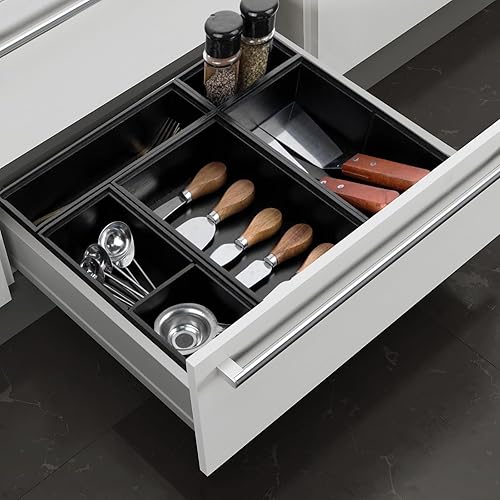 Miniatura 5 de Organizador de cajones de bambú, juego de cubiertos de 5 piezas y organizador de cocina con divisores extraíbles para cocina, utensilios, baño,