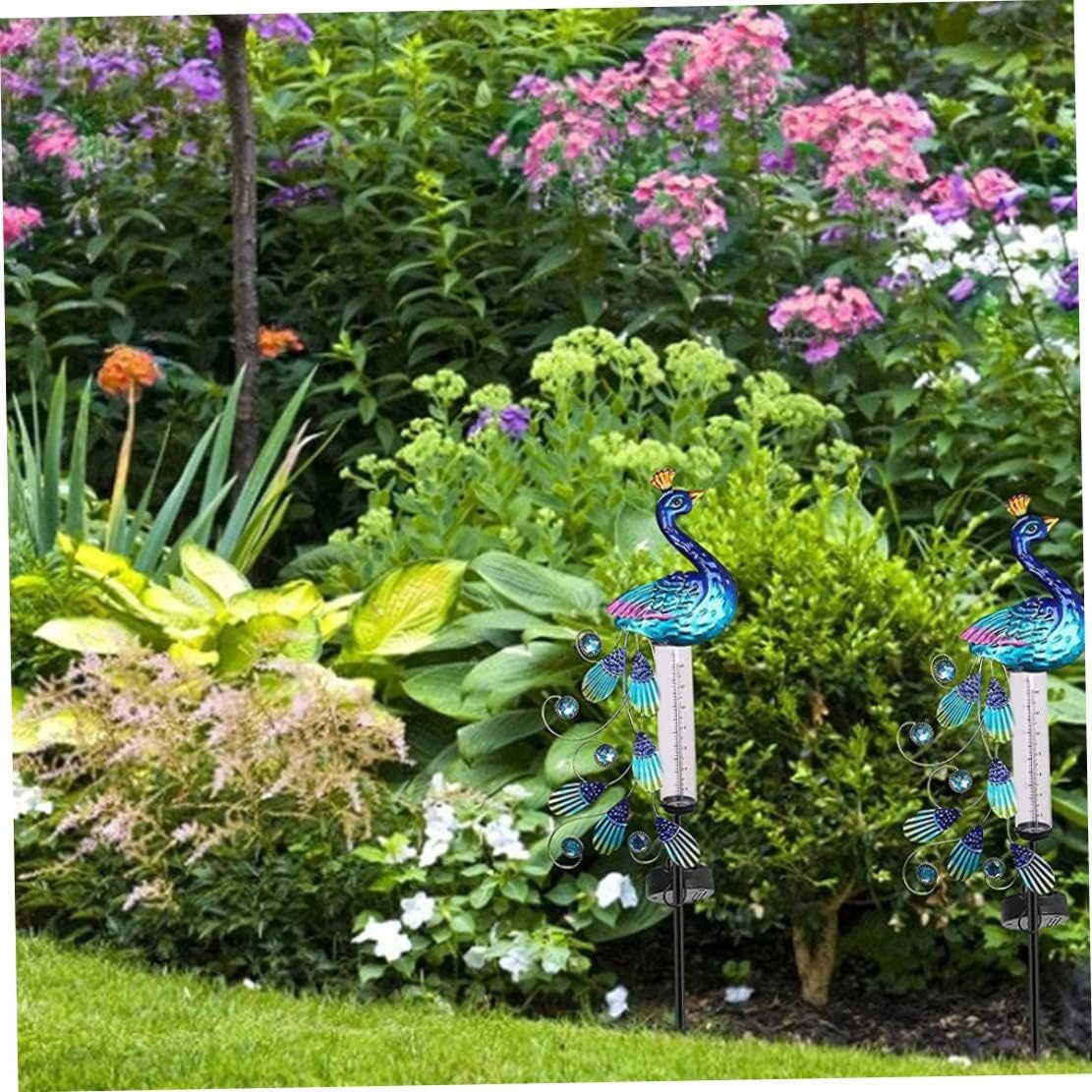 Rain Gauge Light Solar Powered Metal Peacock Garden Stakes Waterproof Yard Decorations Metal Rain Gauge Stakes Solar Powered