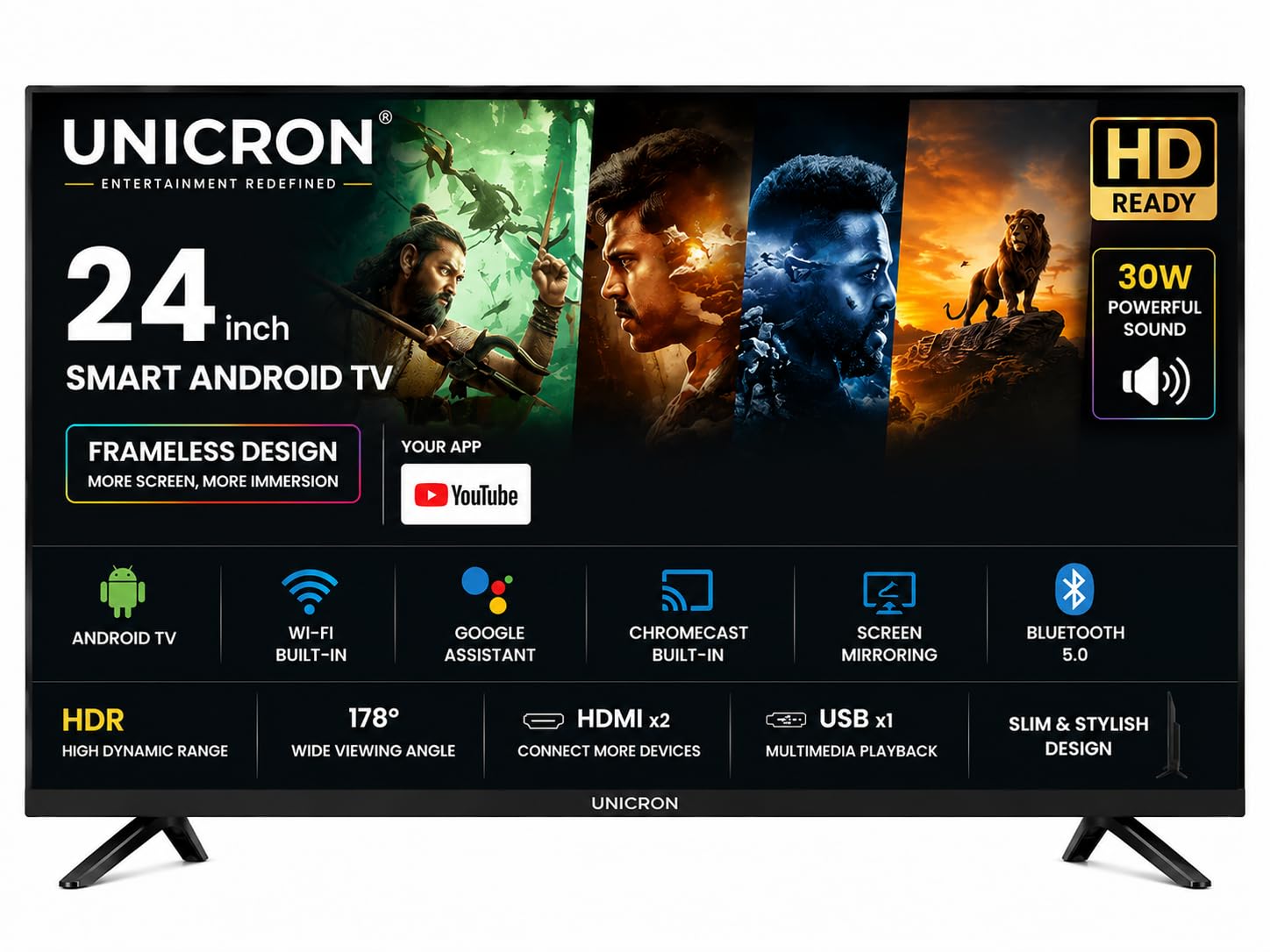 UNICRON 24 inch smart tv Android Frameless HD LED TV | WiFi Enabled | Built-in Apps Compatible (YouTube, Netflix, Prime Video) | HDMI, USB Connectivity | Screenmirror | Slim & Stylish |-image-31