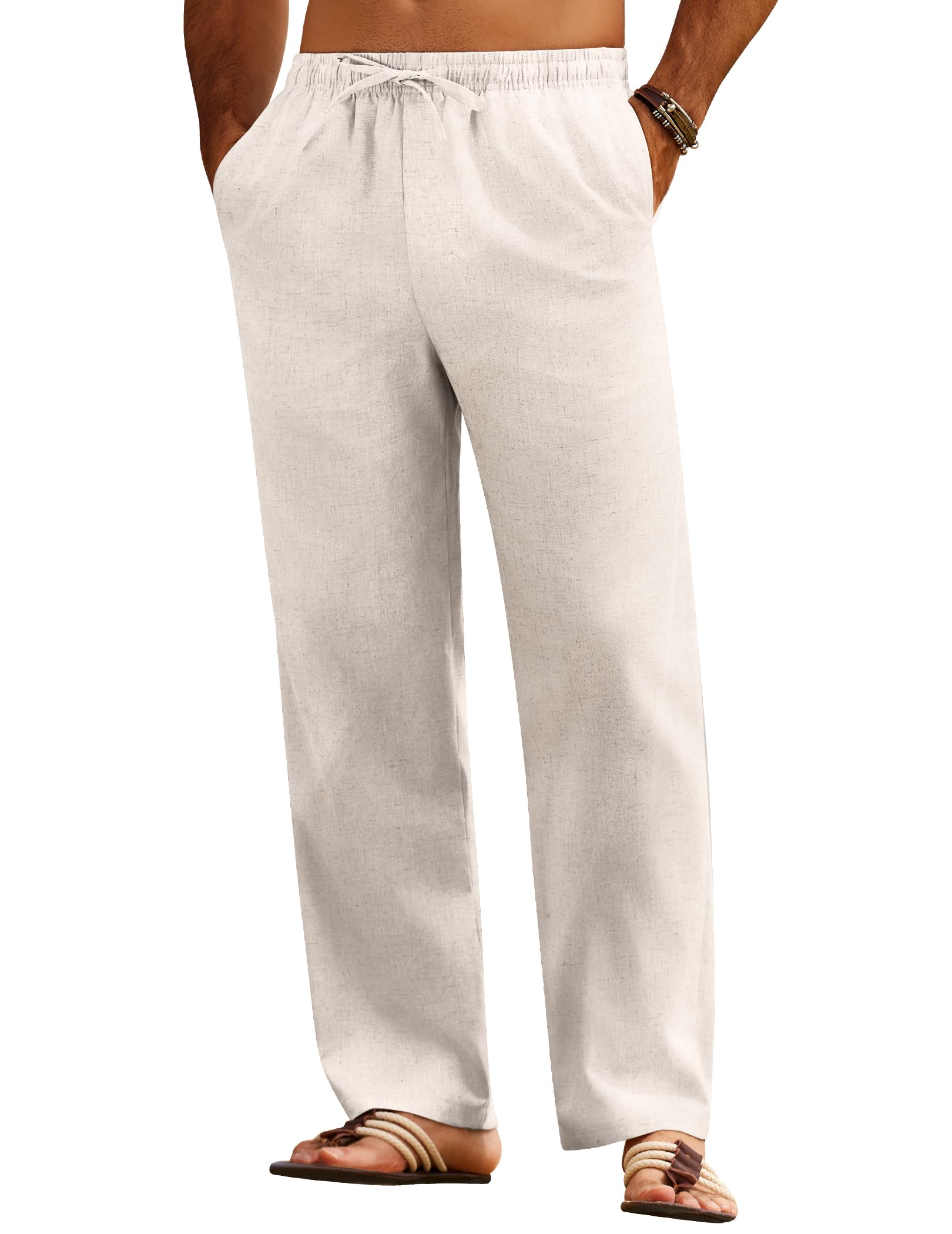 COOFANDY Hosen Herren Lang Leinenhose mit Kordelzug Leicht Sommerhose Freizeithose Stoffhose Herren Lange Hose Männer Schlupfhose Strandhose Einfarbig