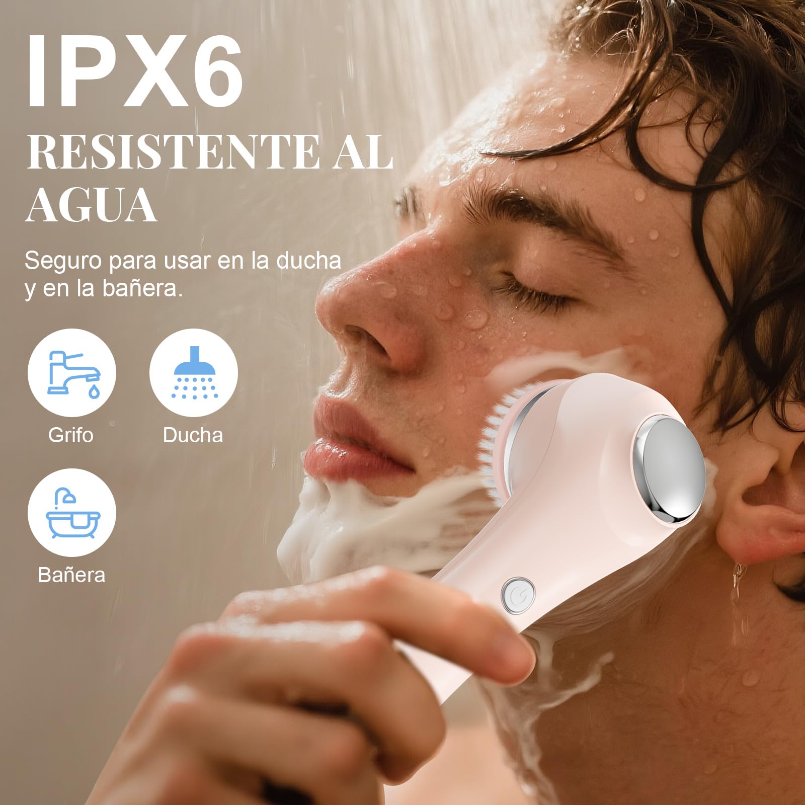 Cepillo facial eléctrico 2 en 1, IPX6, rosa | 4 cabezales, EMS+calor+vibración, 120 min, todos tipos de piel, ideal viaje