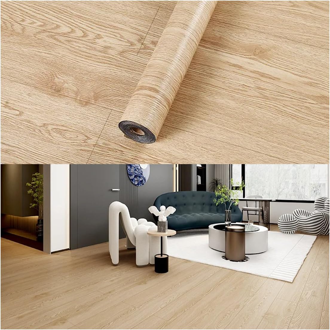 Peel and Stick Vinyl Flooring Roll 15.74x118.11 Inch / 12.91Sq.Ft Wood Grain Flooring Coverings Waterproof Non Slip Floor Tiles (Yellow Oak)