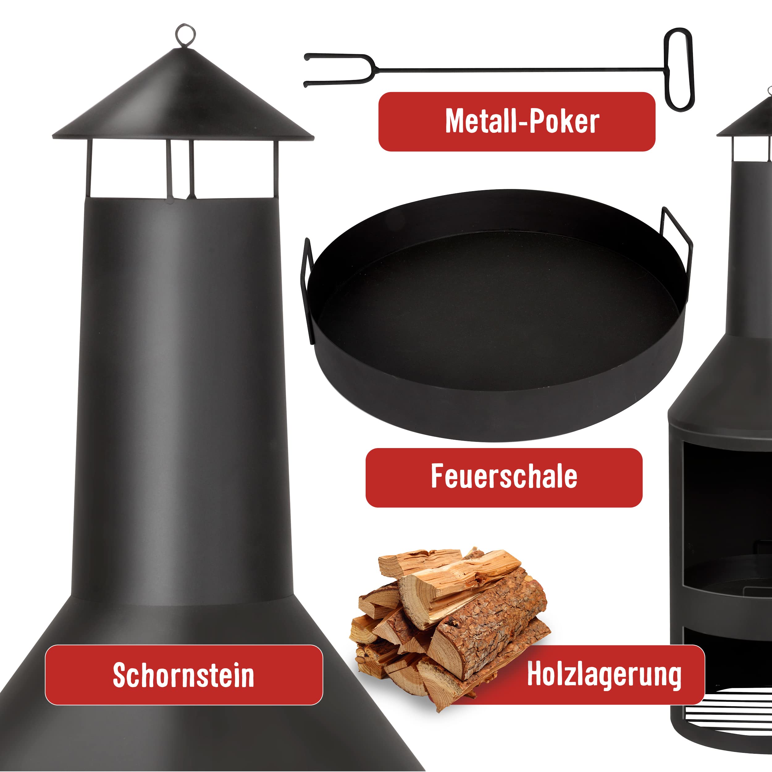 BBQ Collection Stufa da terrazza con camino – Braciere 44,5 x 44,5 x 134 cm – Camino da giardino per legna da ardere – Stufa da giardino con parascintille e ripiano in legno – stufa per terrazza
