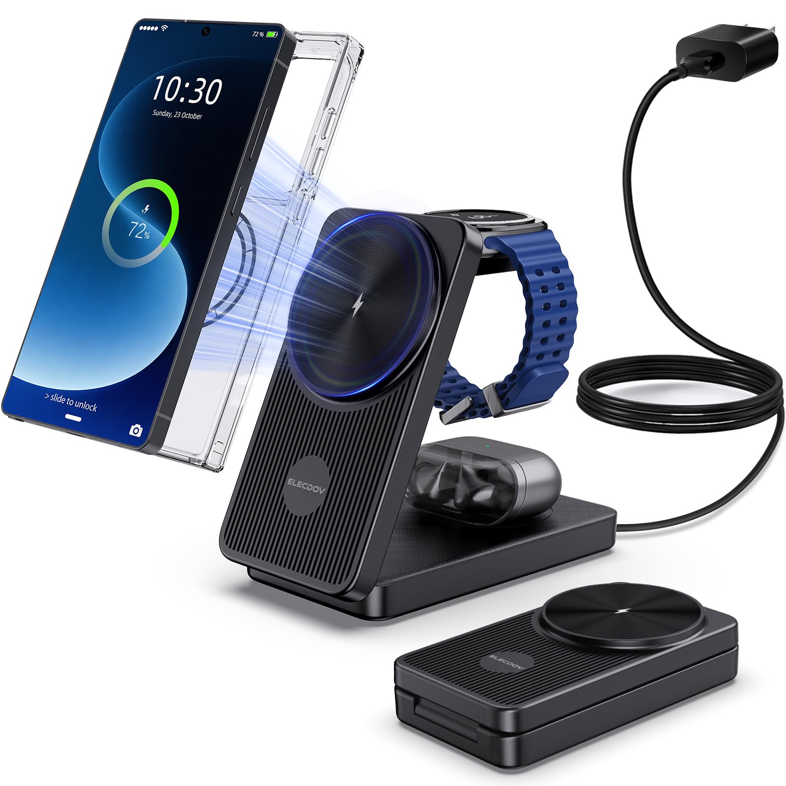 Caricatore Wireless per Samsung Mag-safe Charger, Stazione di Ricarica Magnetica per Samsung Galaxy S26 Ultra S25 Ultra S24, Caricatore Pieghevole per Samsung Galaxy Watch Ultra 7 6 Galaxy Buds Pro 3