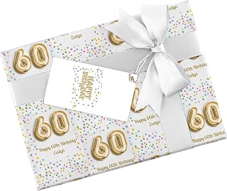Personalised 60th Birthday wrapping paper featuring colourful confetti and gold number 60 sixtieth birthday balloon typography - Gift Wrap 590mm x 840mm