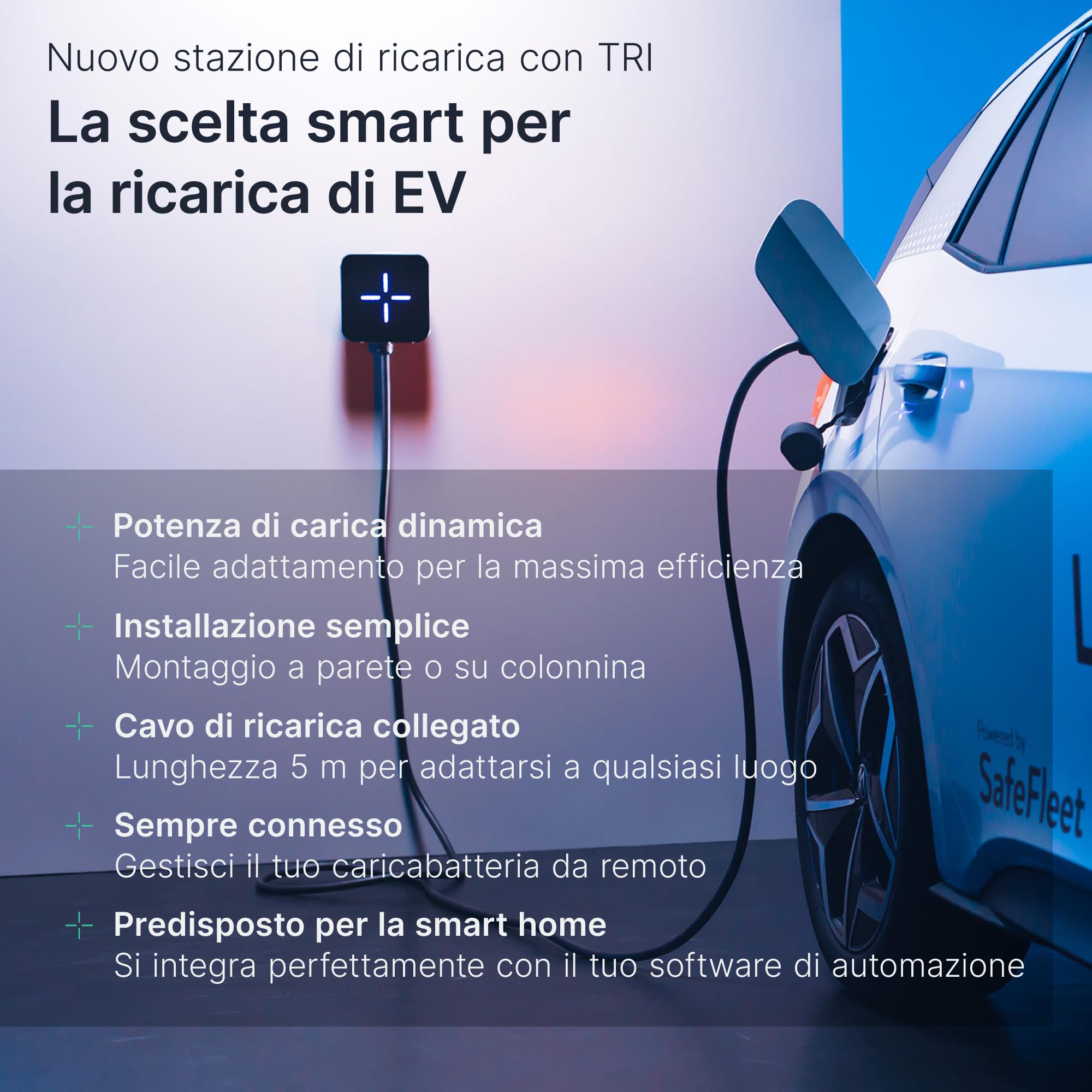 Stazione di ricarica domestica EV smart LEKTRI·CO: Wi-Fi, cavo Tipo 2 5m con shutter, 6A-32A, trifase, 22 kW, App mobile, per interni/esterni, IP54