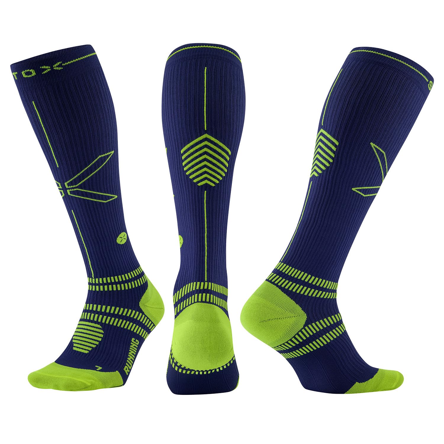 STOX Energy Socks Skarpety do biegania klasa kompresji 23-32 mmHg cienka wkładka skarpety uciskowe dla mężczyzn rozmiar L kolor Ciemnoniebieski / żółty