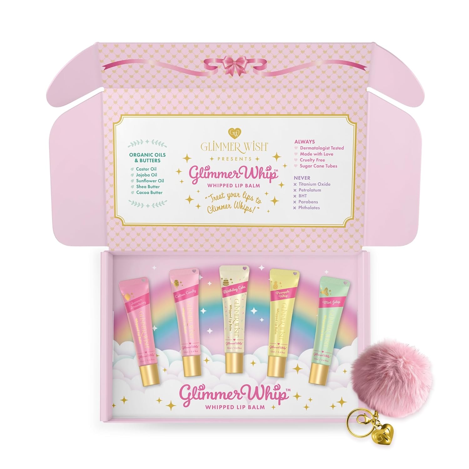 Glimmer Whip – Whipped Lip Balm Dream Set, 5-Flavor Organic Lip Butter Gift Set with Heart-Shaped Applicator, Pink Poof Charm, Dermatologist Tested, Hydrating Organic Oils & Butters, Cruelty-Free