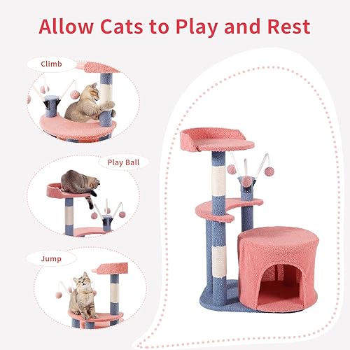 Miniatura 3 de Torre de árbol para gatos de interior de 32 pulgadas con poste rascador con sisal cubierto, plataforma de 2 niveles, condominio acogedor, bolas de