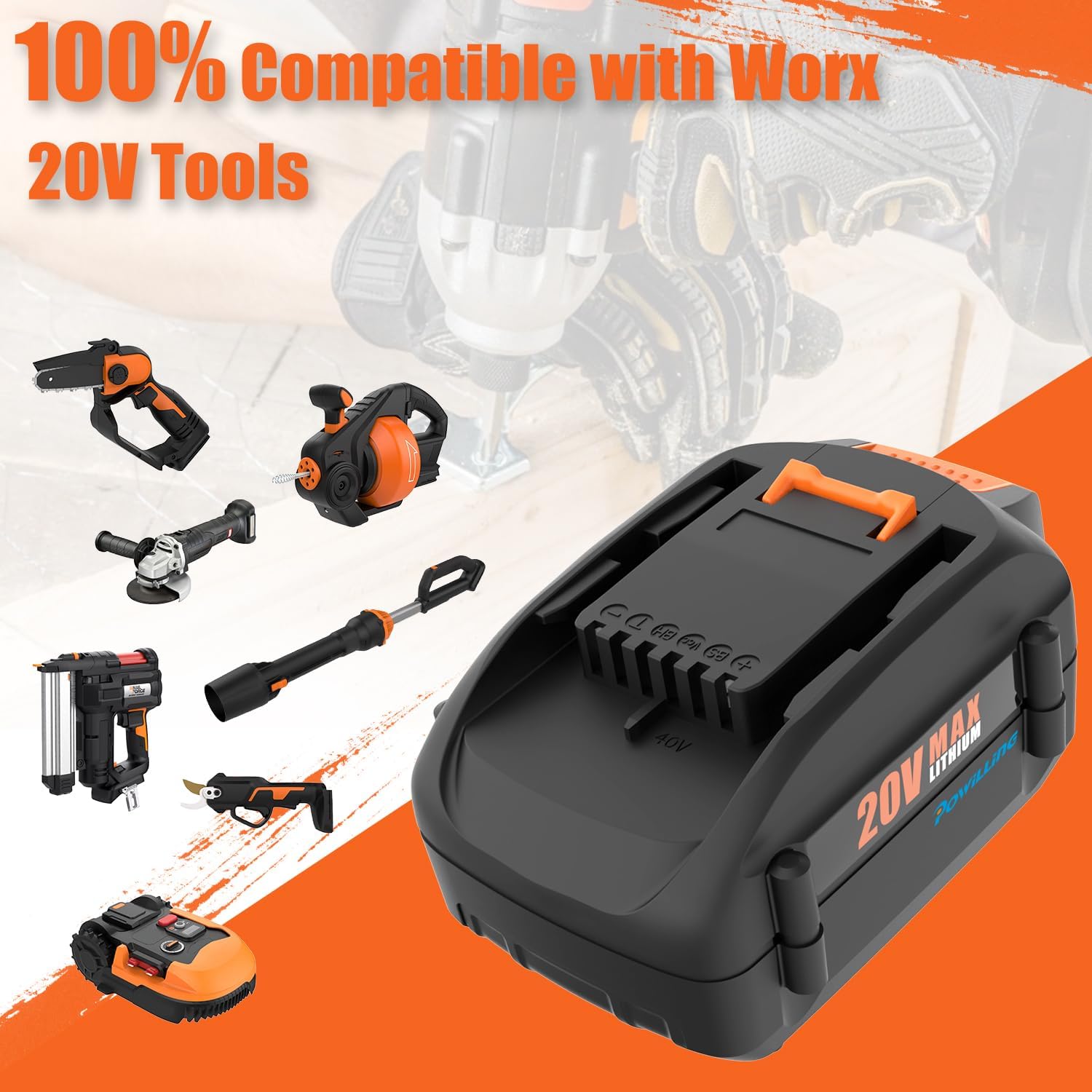 Powilling 5.0Ah 20V Replacement Battery for Worx Battery 20V WA3578 WA3575 WA3520 WA3525 WG545s