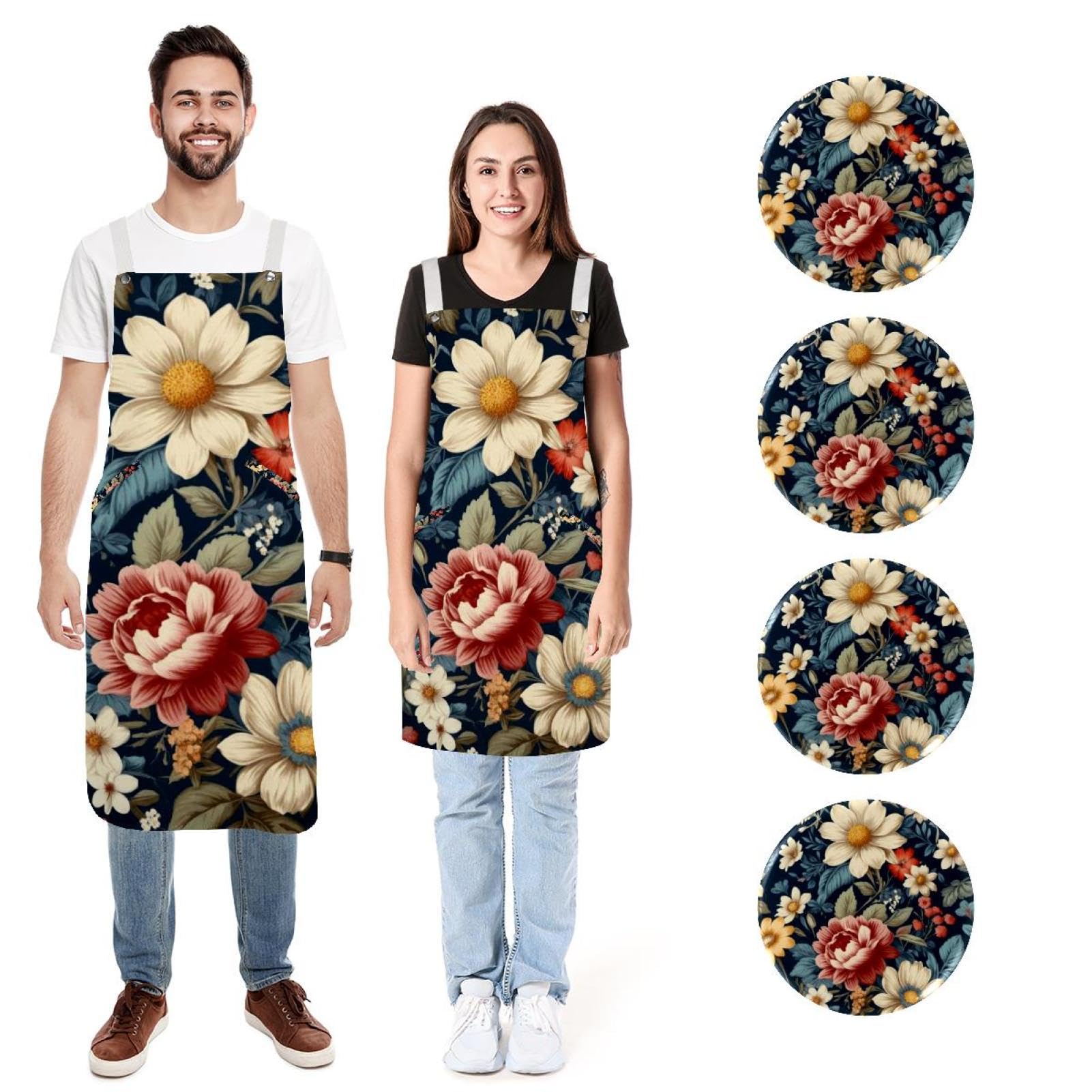 Lot de 2 tabliers de cuisine en lin pour homme et femme, motif floral avec 2 poches réglables, Belle fleur., L:26.2x34.6in/66.5x88cm;M:26.2x26.6in/66.5x67.5cm