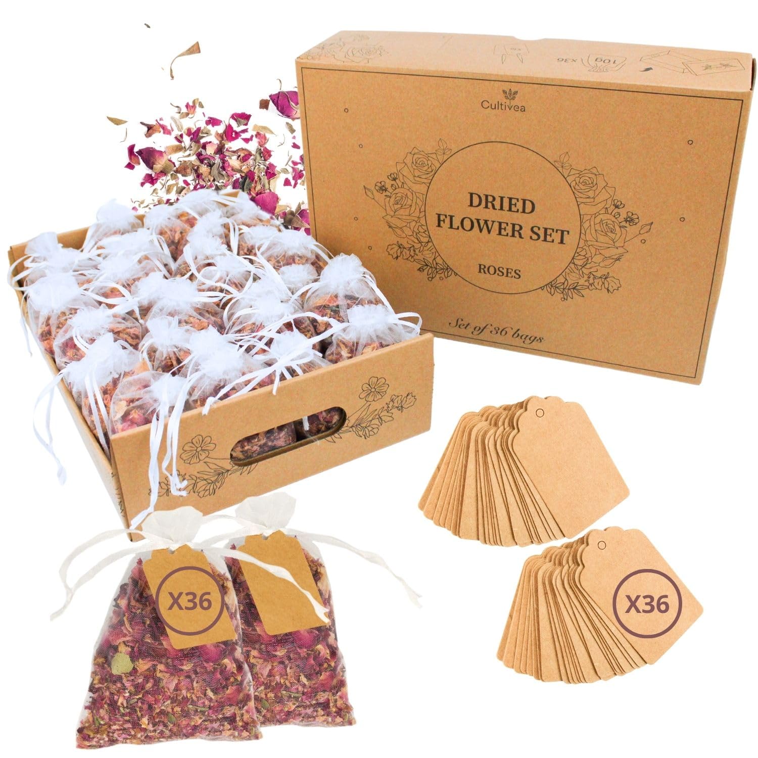 CULTIVEA Vassoio 36 sacchetti fiori secchi naturali Rose Decorazione matrimonio Coriandoli Petali rosa essiccati