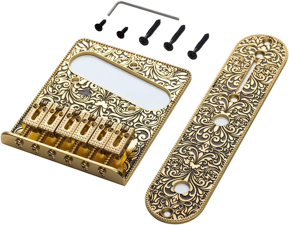 WANBY Professional Vintage Style 6 String Saddle Bridge Plate Beautiful Decorative Pattern for Tele Electric Guitar Replacement Parts(Gold)