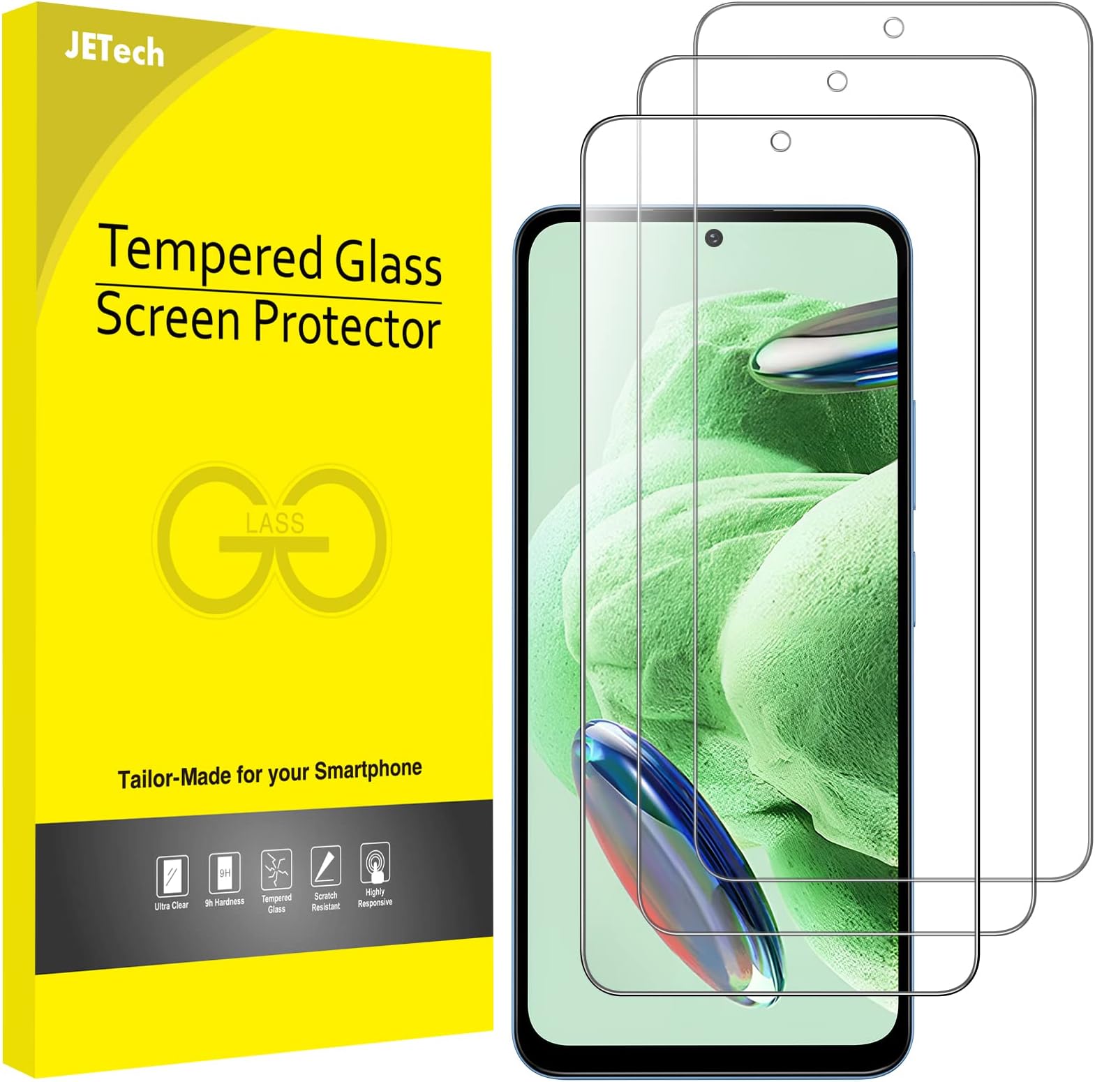 JETech Screen Protector for Xiaomi Redmi Note 12 4G/5G, 9H Tempered Glass Film, Anti-Scratch, HD Clear, 3-Pack