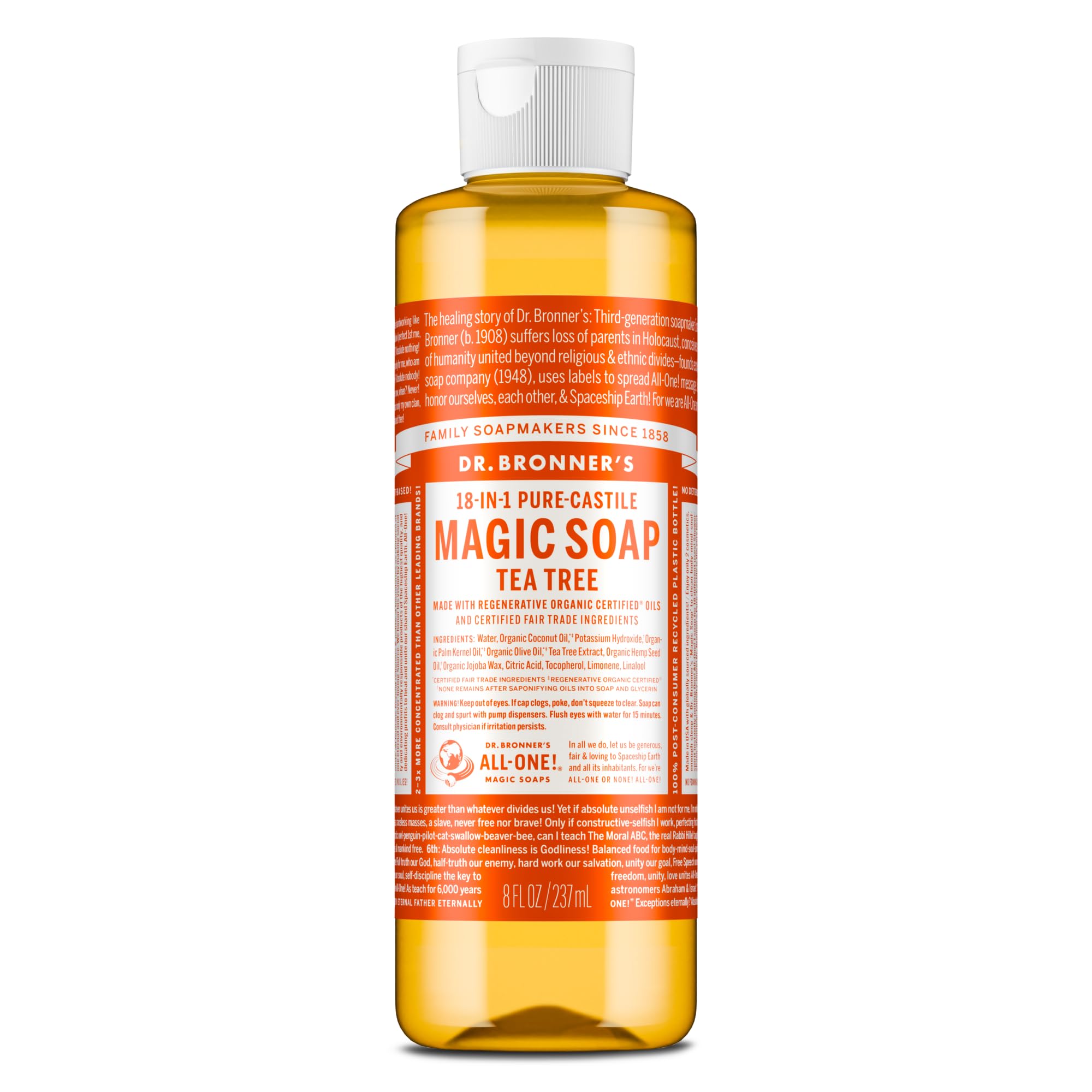 Pure-Castile Magic Soap Liquid (Tea Tree, 8 Ounce) – Made with Regenerative Organic Oils, 18-in-1 Uses for Face, Hair, Laundry, Dishes, Hand Soaps & Body Wash – Natural, Vegan, Non-GMO