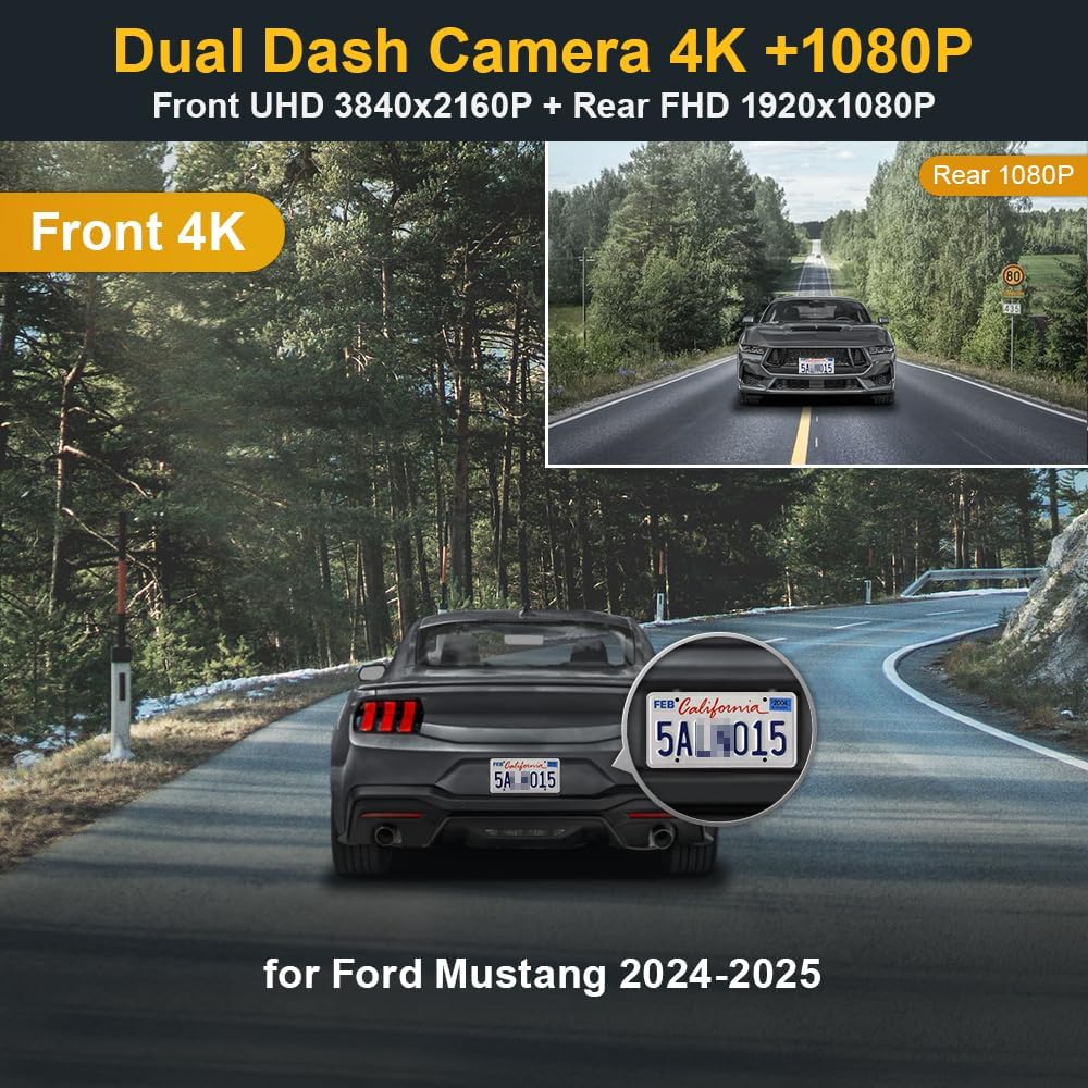 Fitcamx Front 2160P+Rear 1080P Dash Cam Adapts for Ford Mustang 2024 2025 Ecoboost GT Premium Dark Horse, OEM Look, Dual HD Video, Loop Recording, WiFi & APP, G-Sensor, Easy to Set, 128GB Card