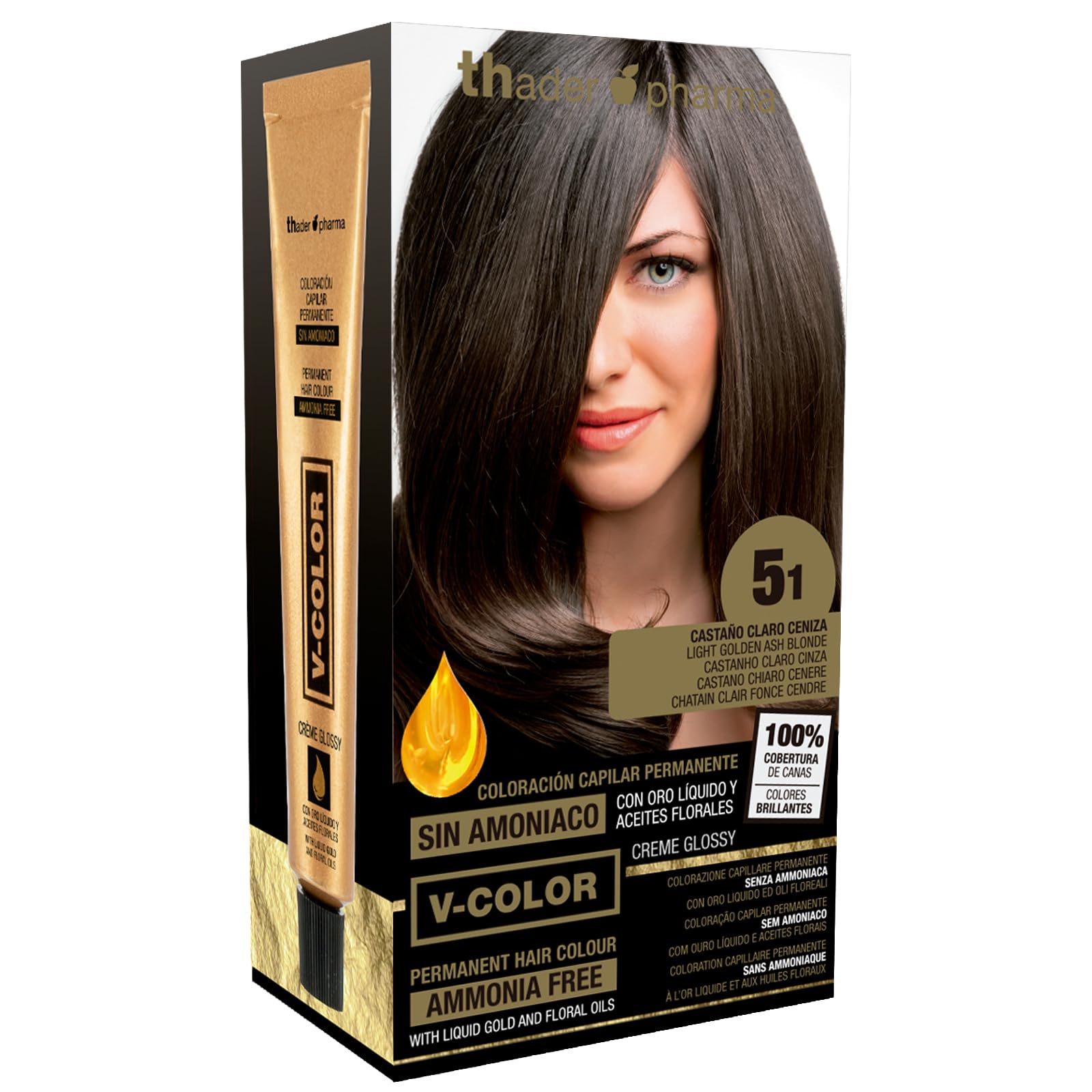 Thader Th Pharma V-Color Kit de Tinte permanente Sin Amoniaco con Oro Líquido 100% Cobertura de canas, 120 ml (No. 5.1 Castaño claro ceniza)