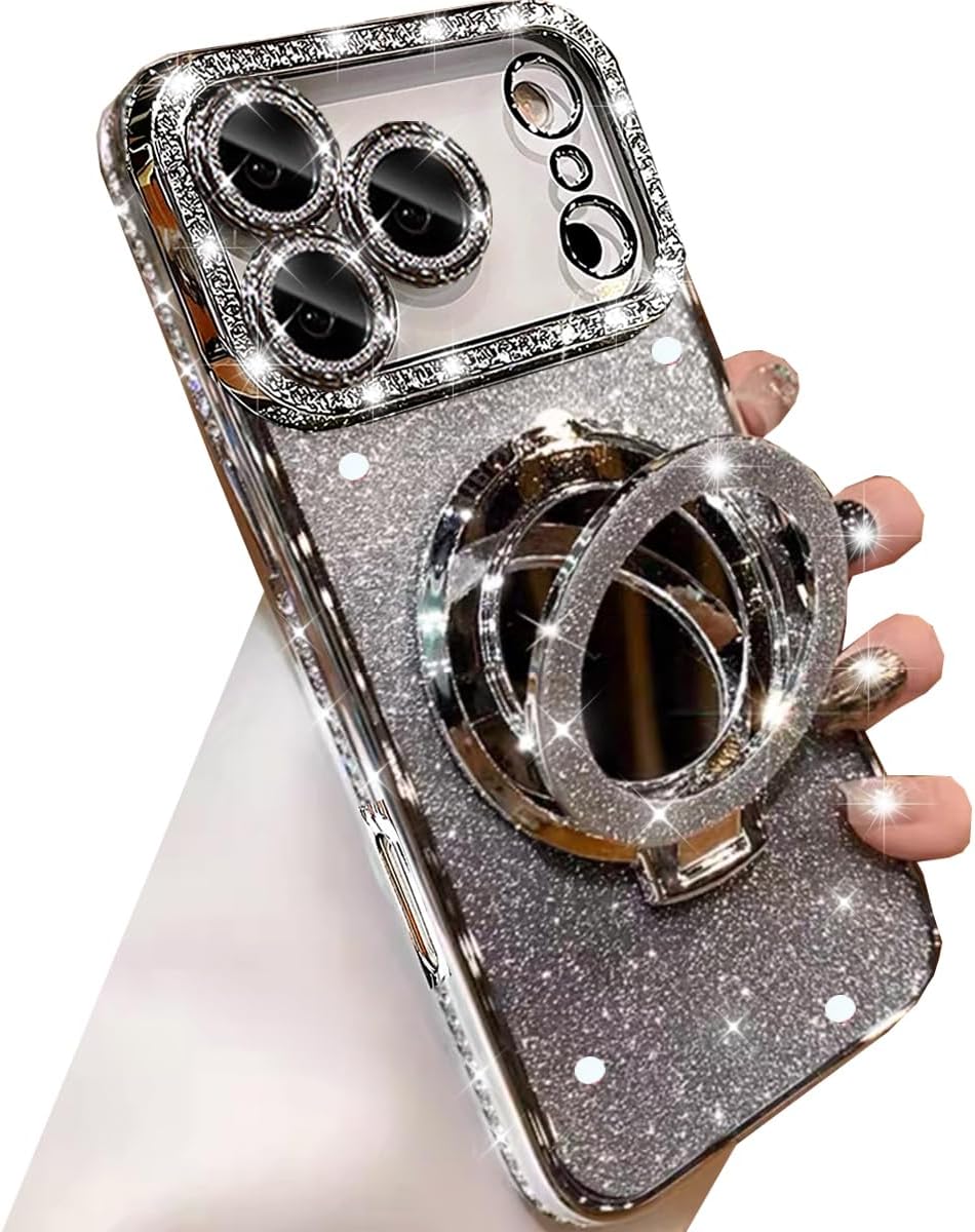 Changjia Magnetic Kickstand Glitter Case for iPhone 17 Pro,[Compatible with Magsafe] Cute Bling Sparkly Rhinestones with Camera Protector &Makeup Mirror Women Girls Case for iPhone 17 Pro 6.3, Silver