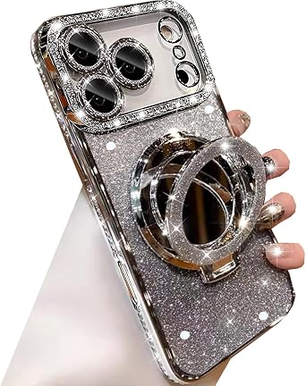 Changjia Magnetic Kickstand Glitter Case for iPhone 17 Pro Max,[Compatible with Magsafe] Cute Bling Sparkly Rhinestone with Camera Protector Makeup Mirror Women Girls Case for iPhone 17 Pro Max,Silver