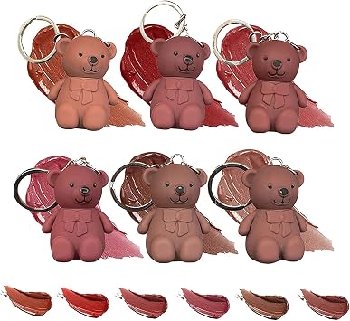 Keychain Bear Lipsticks, 2 in 1 Key Chain Bear Lipstick, Mist Matte Velvet Lipstick, Waterproof Long Lasting Lip Gloss, Cute Bear Beauty Makeup 6pcs