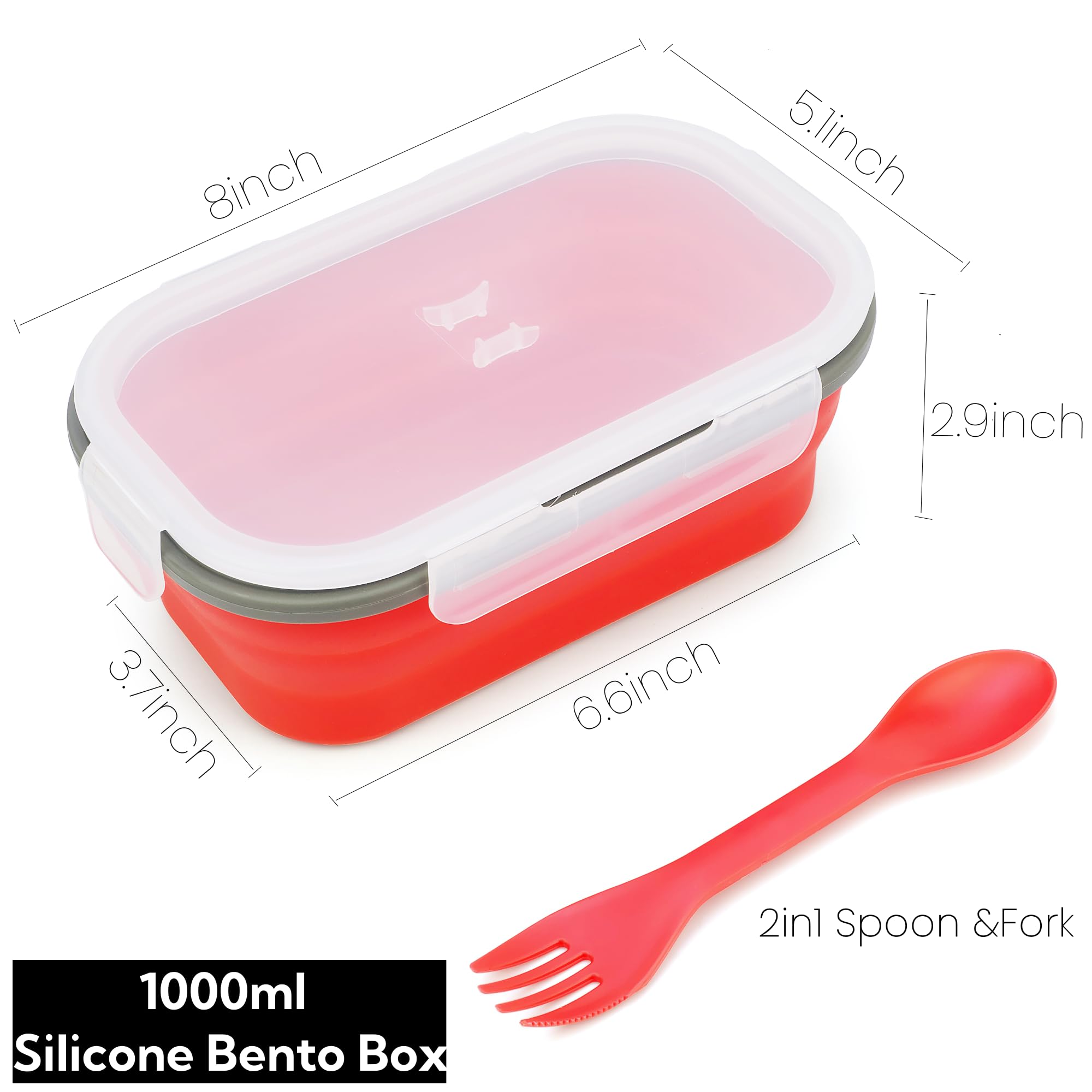 Boîte à déjeuner Bento pliable de 1 000 ml – Récipient alimentaire pliable en silicone avec cuillère 2 en 1 cuillère-fourchette et couvercle hermétique, passe au micro-ondes, rouge